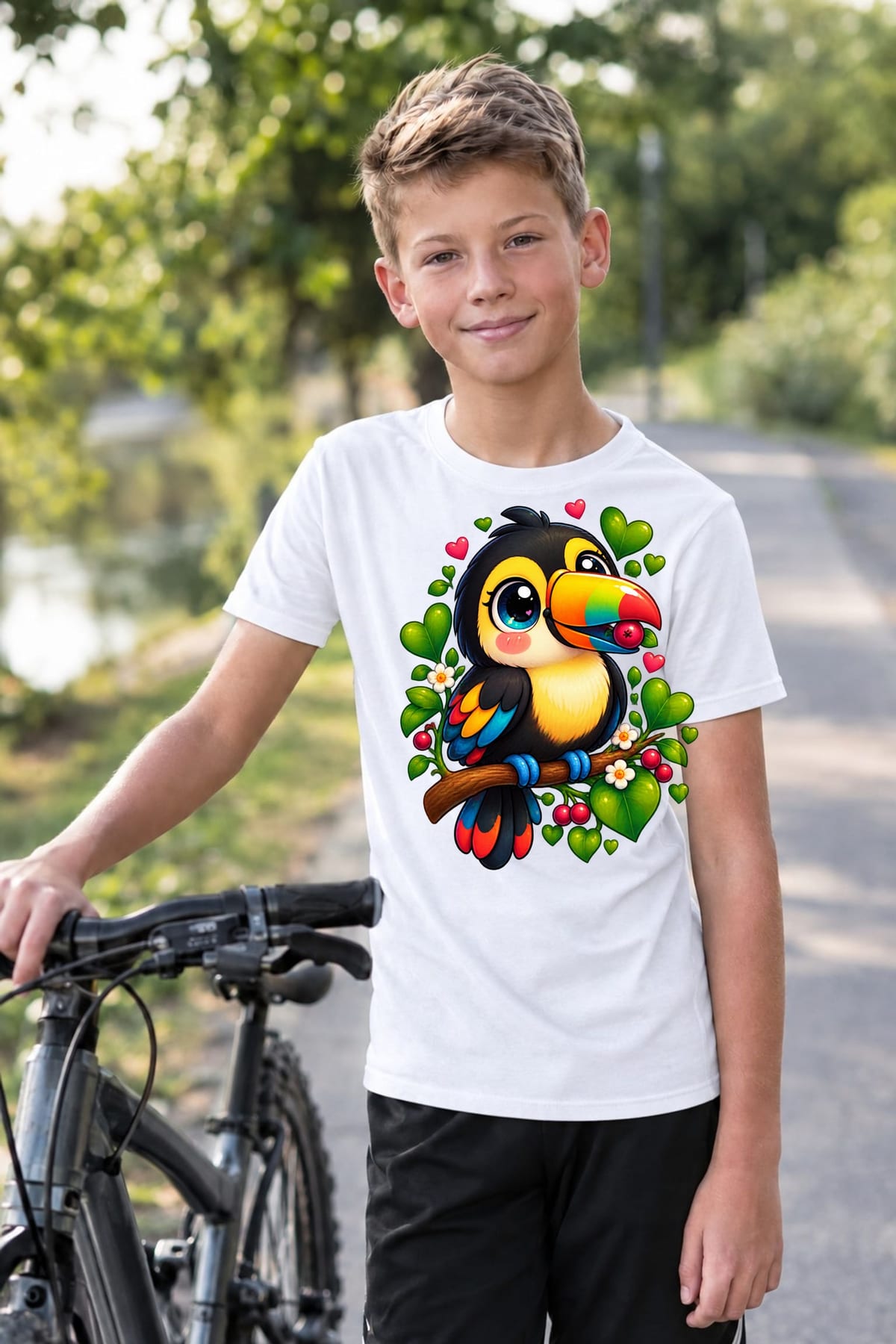 Koszulka z tukanem dla chłopca biała słodki styl kawaii, zdjęcie 5