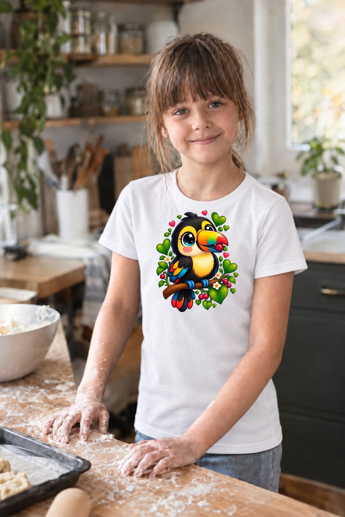 Koszulka z tukanem dla dziewczynki biała słodki styl kawaii, zdjęcie 4