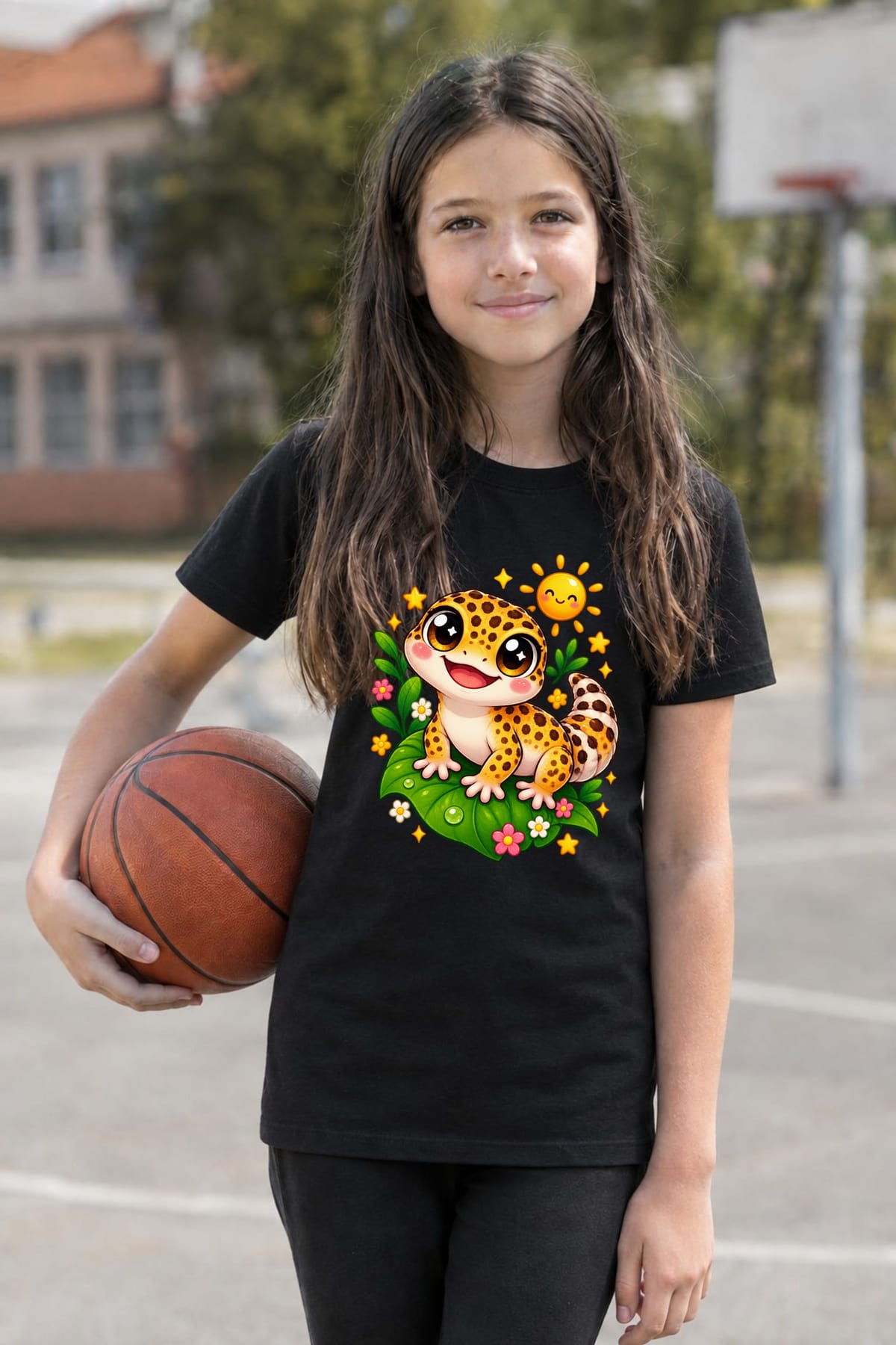 Koszulka z gekonem dla dziewczynki czarna słodki kawaii, zdjęcie 3