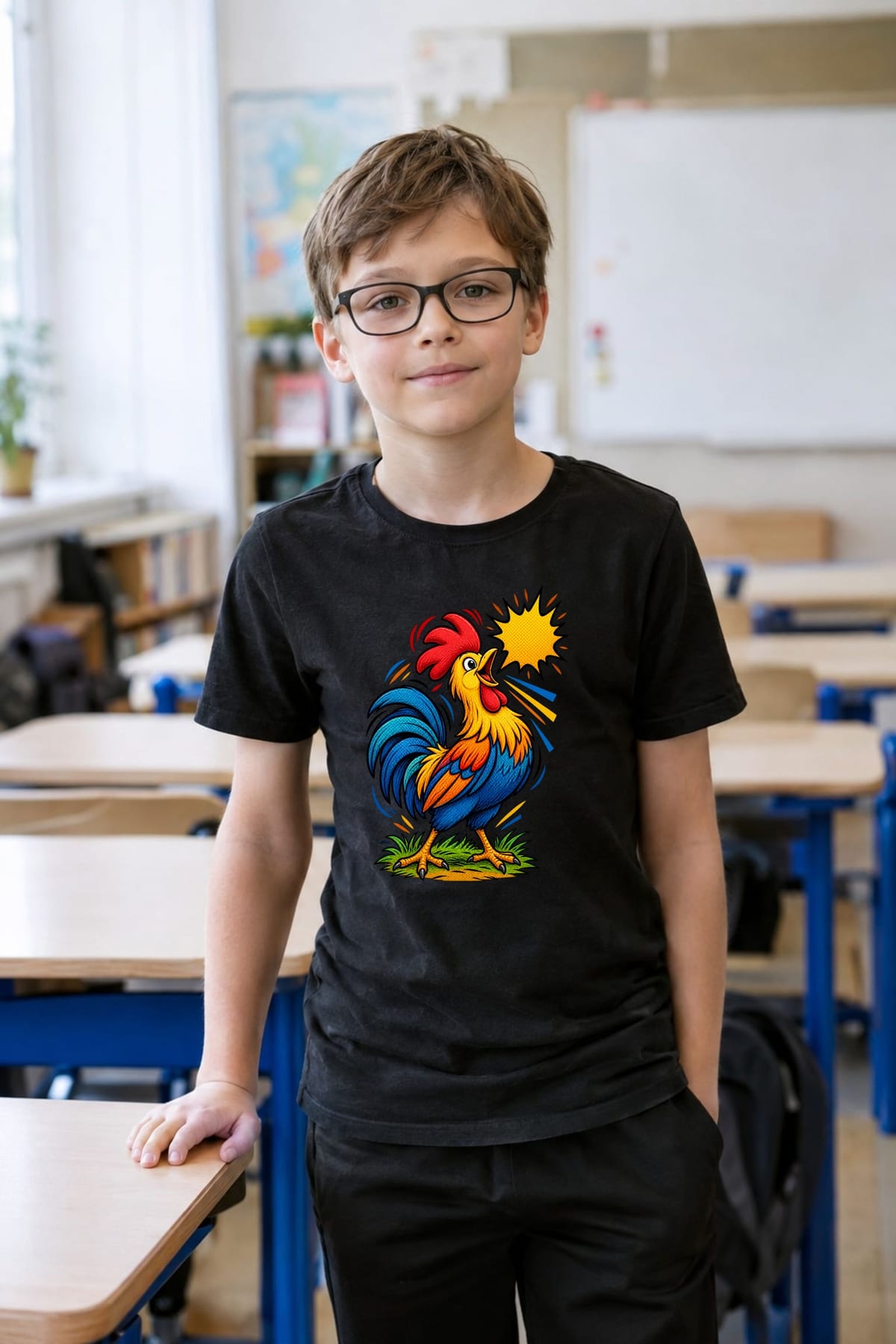 Koszulka z kogutem dla chłopca czarna komiksowy dynamizm, zdjęcie 5