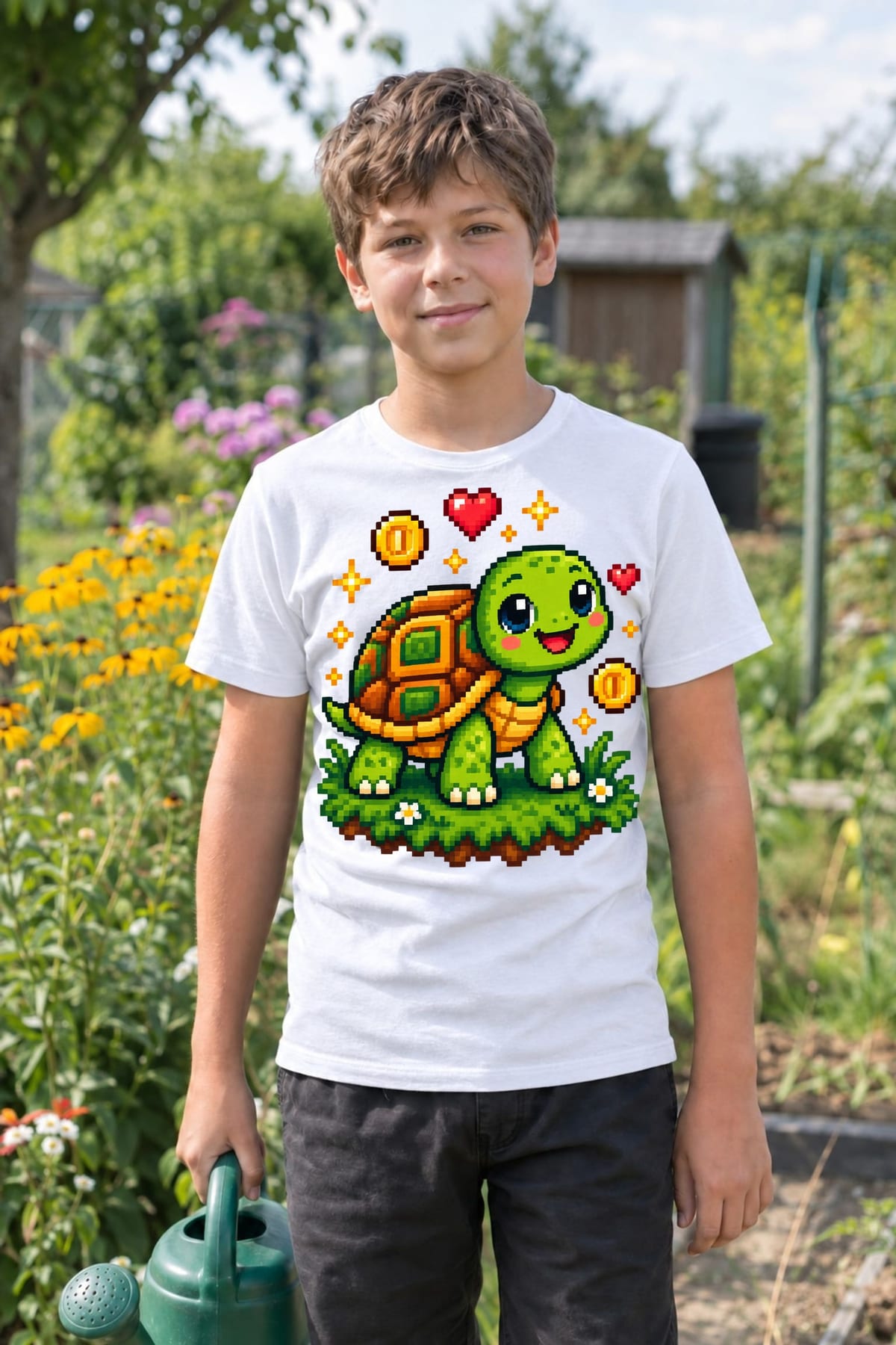 Koszulka dla chłopca z żółwiem biała pixel art, zdjęcie 4