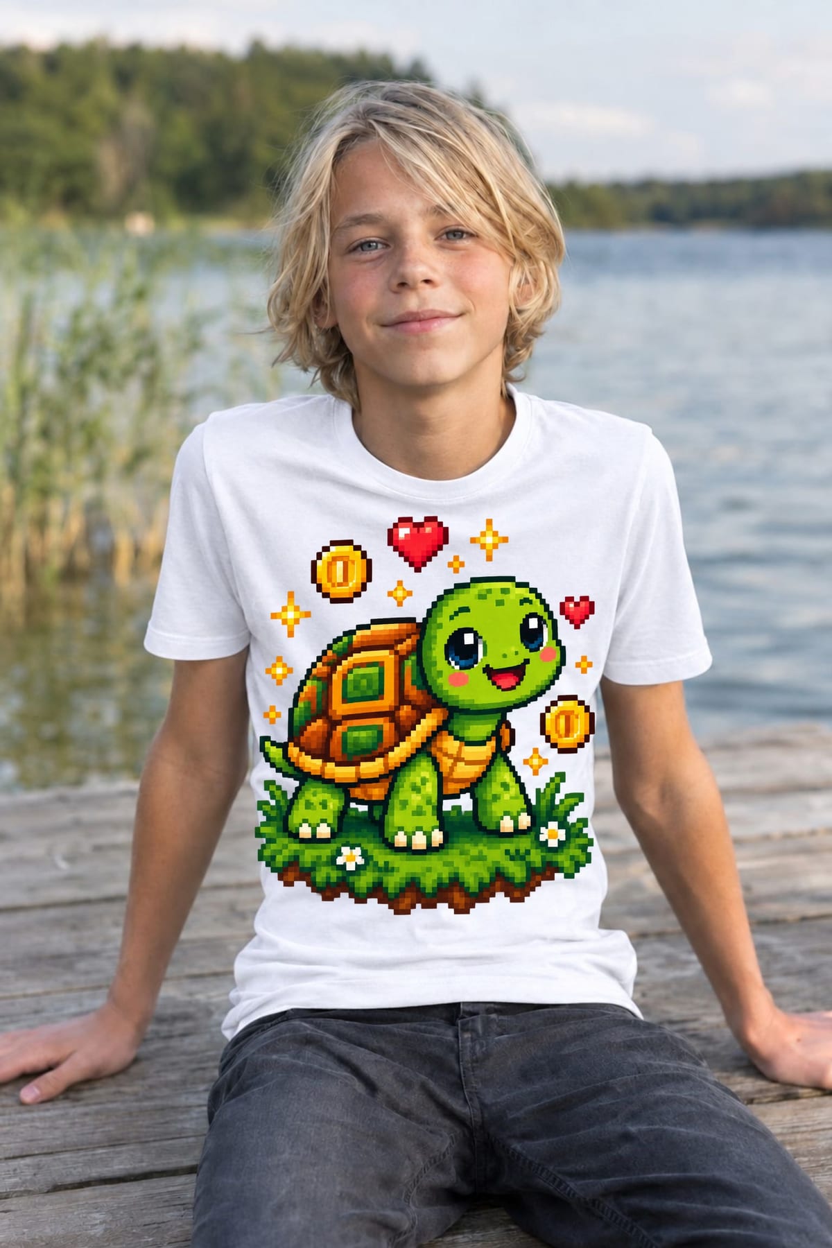 Koszulka dla chłopca z żółwiem biała pixel art, zdjęcie 6
