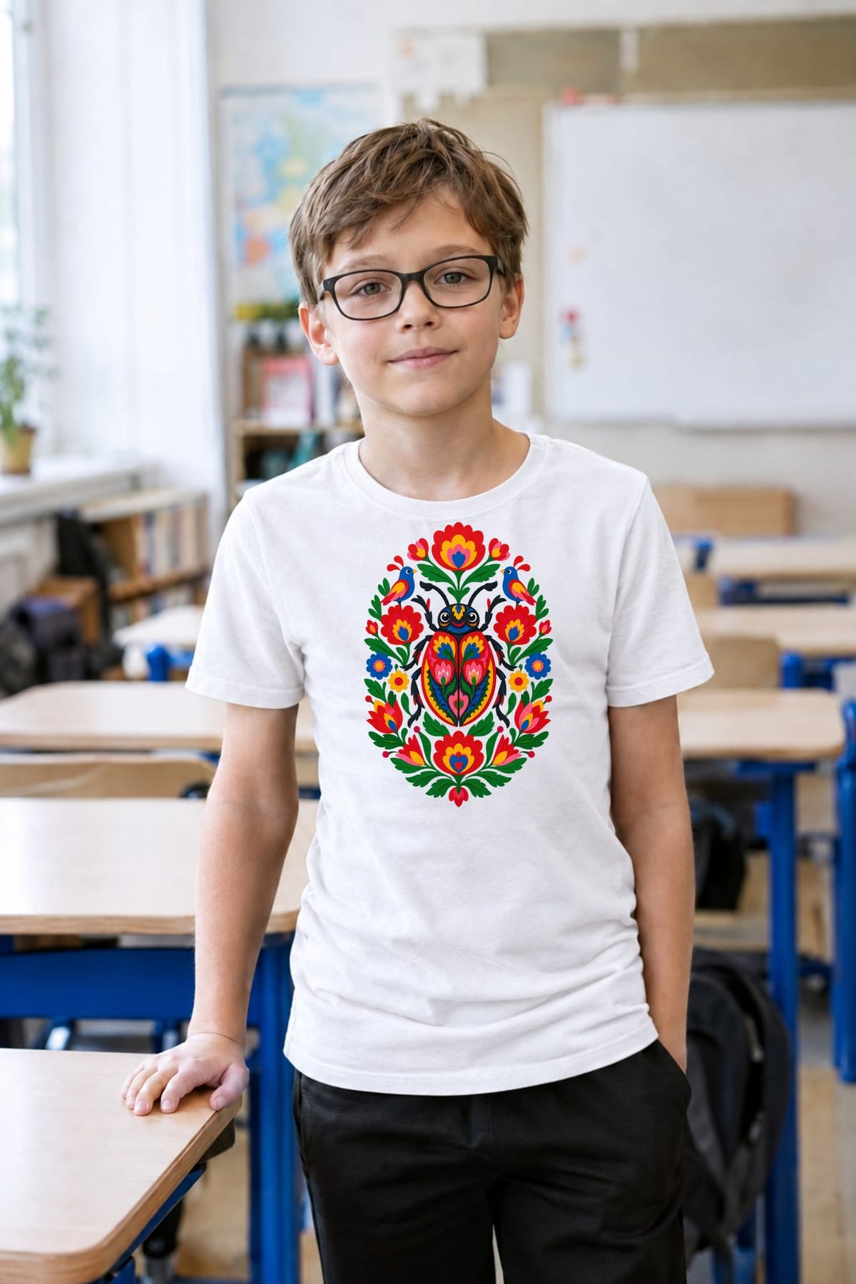 Koszulka z robaczkiem dla chłopca biała ludowa wycinanka, zdjęcie 4