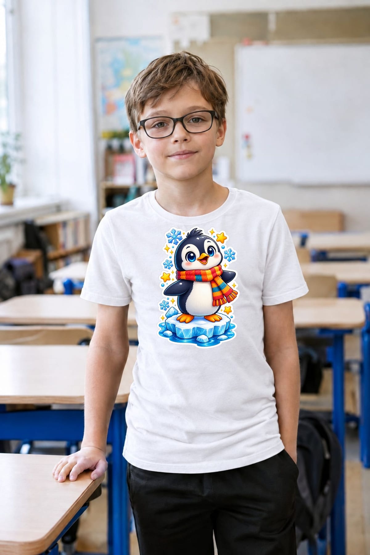 Koszulka z pingwinkiem dla chłopca biała styl naklejki, zdjęcie 7