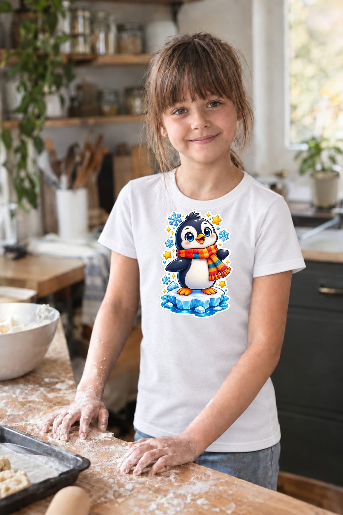 Koszulka z pingwinkiem dla dziewczynki biała styl naklejki, zdjęcie 8