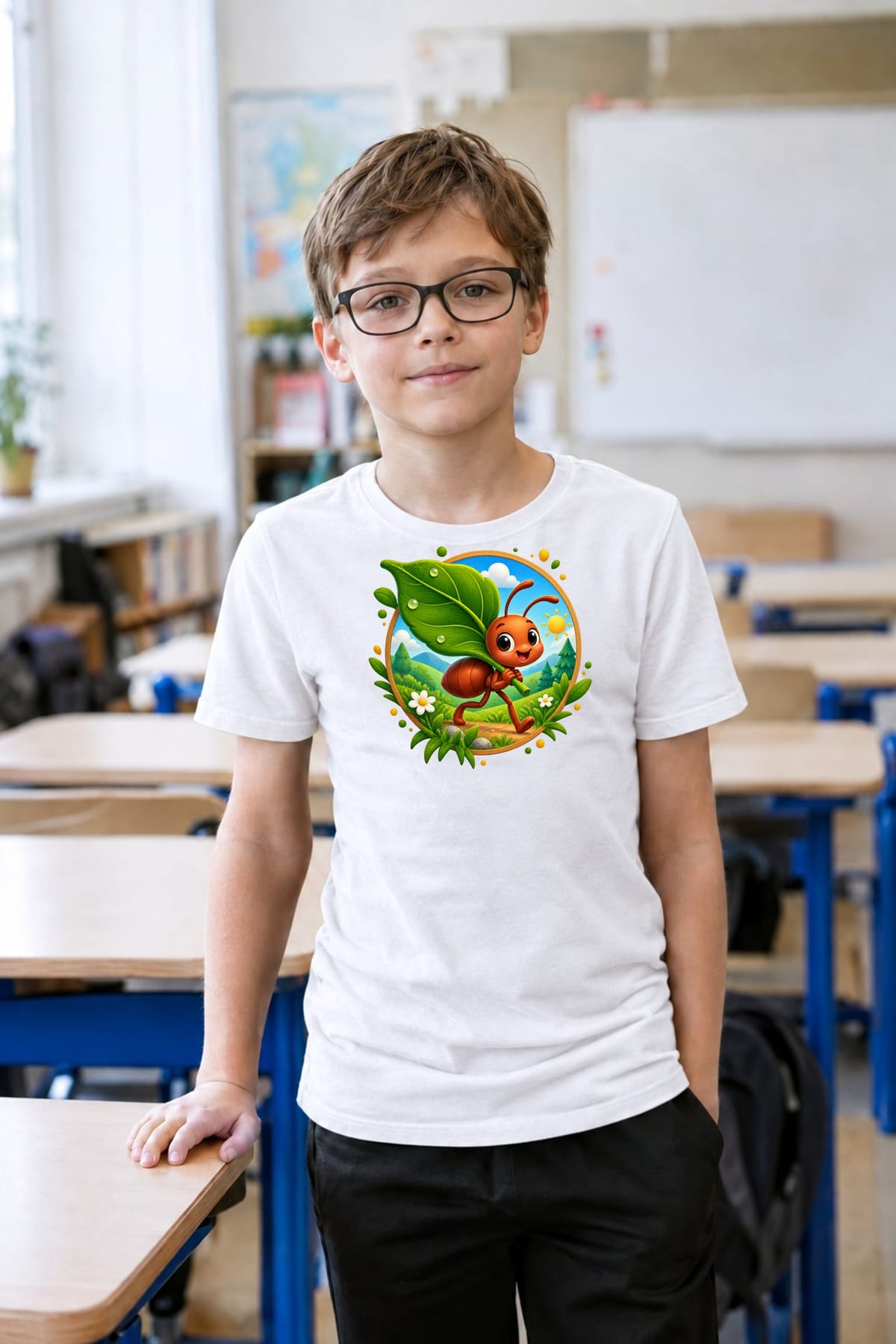 Koszulka z mrówką w kole dla chłopca biała odznaka, zdjęcie 6