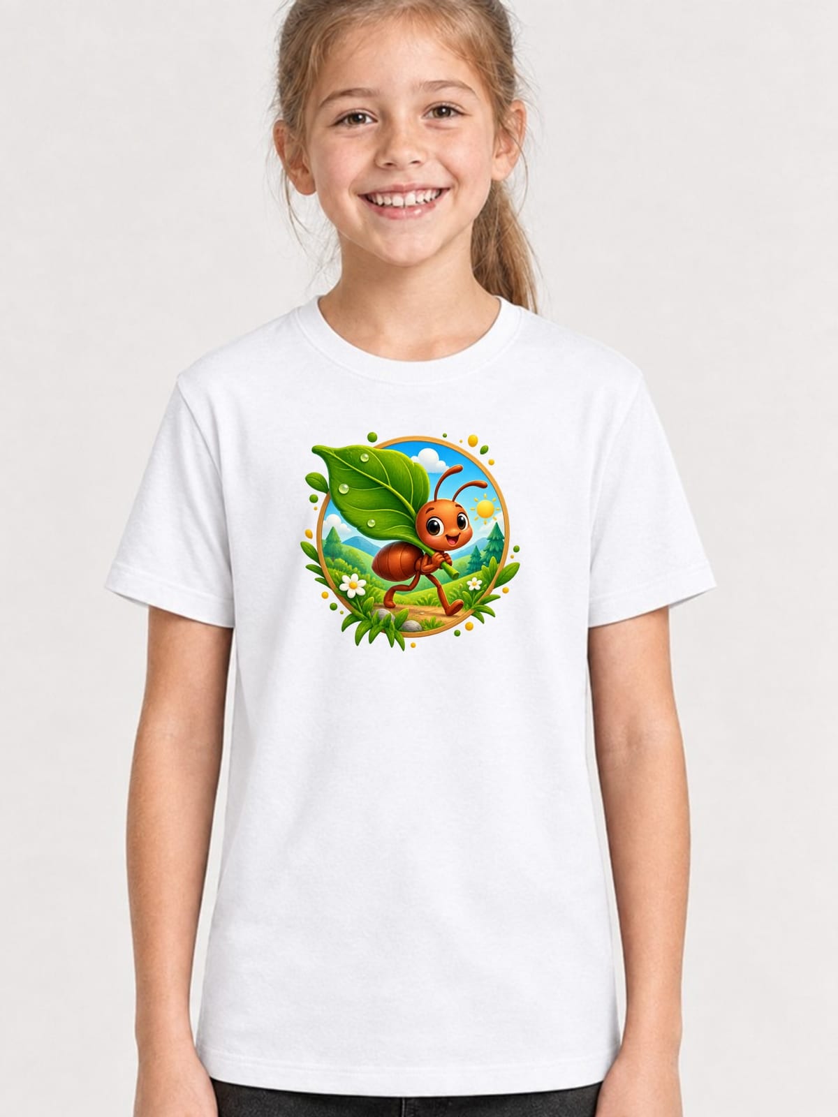 Koszulka z mrówką w kole dla dziewczynki biała odznaka, zdjęcie 1