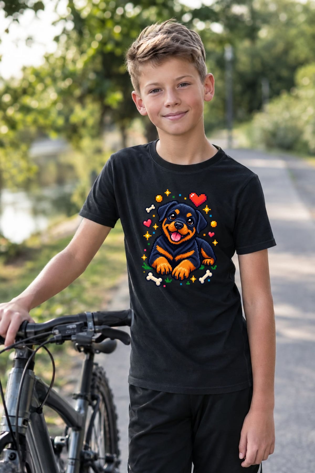 Koszulka z rottweilerem pixel art dla chłopca czarna blokowy, zdjęcie 5