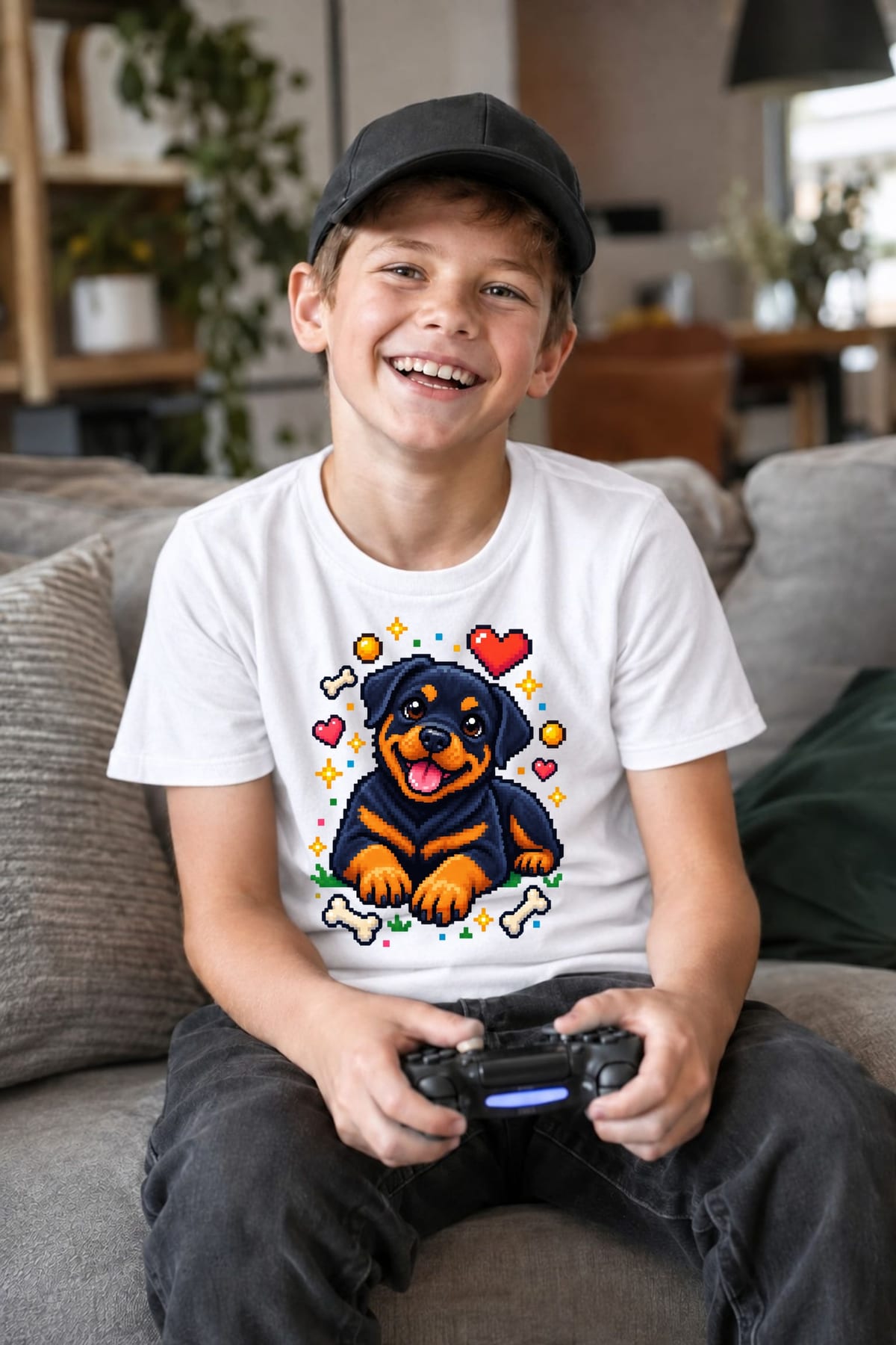 Koszulka z rottweilerem pixel art dla chłopca biała blokowy, zdjęcie 3