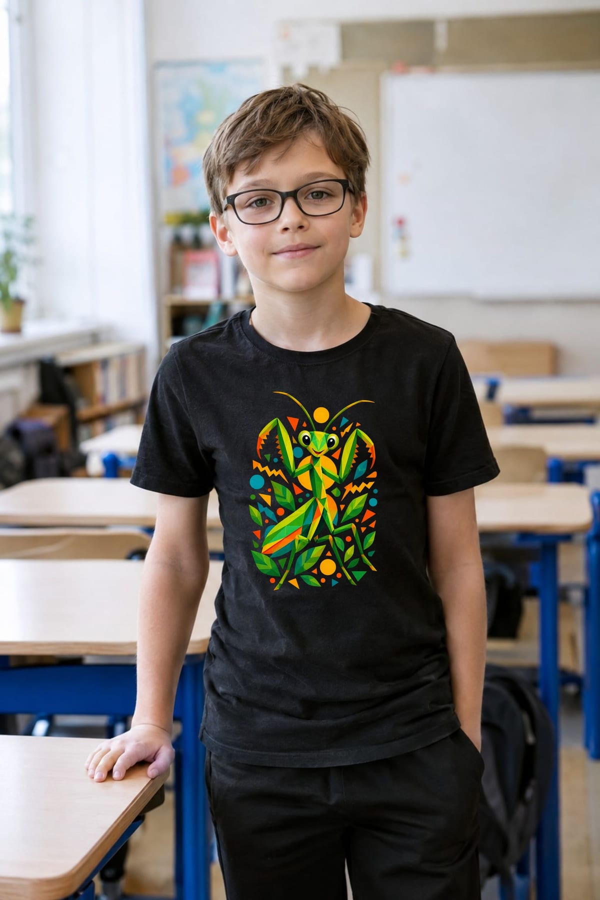Koszulka dziecięca z modliszką dla chłopca czarna geometryczne kształty, zdjęcie 3