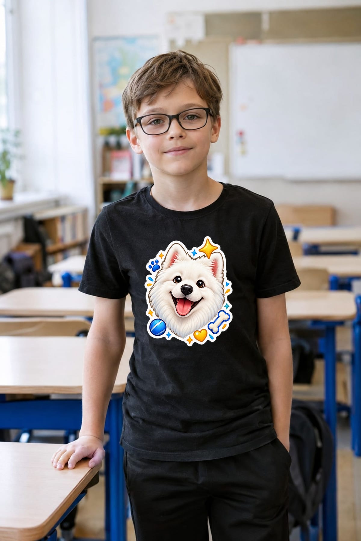 Koszulka z samoyedem dla chłopca czarna styl naklejki, zdjęcie 6