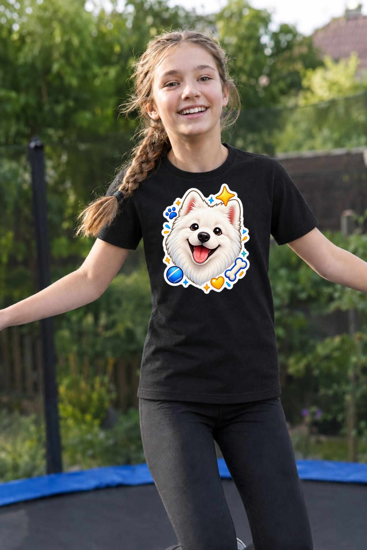 Koszulka z samoyedem dla dziewczynki czarna styl naklejki, zdjęcie 3