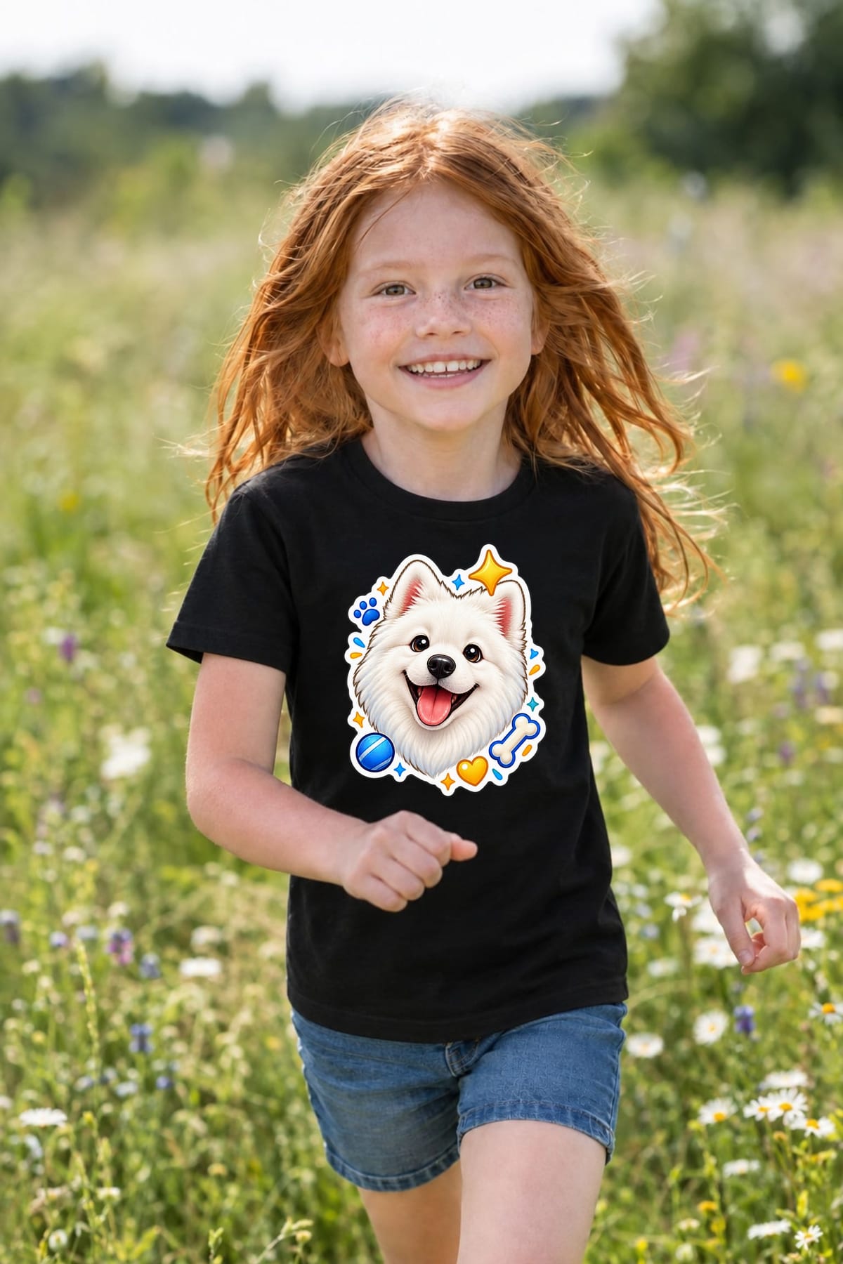 Koszulka z samoyedem dla dziewczynki czarna styl naklejki, zdjęcie 4