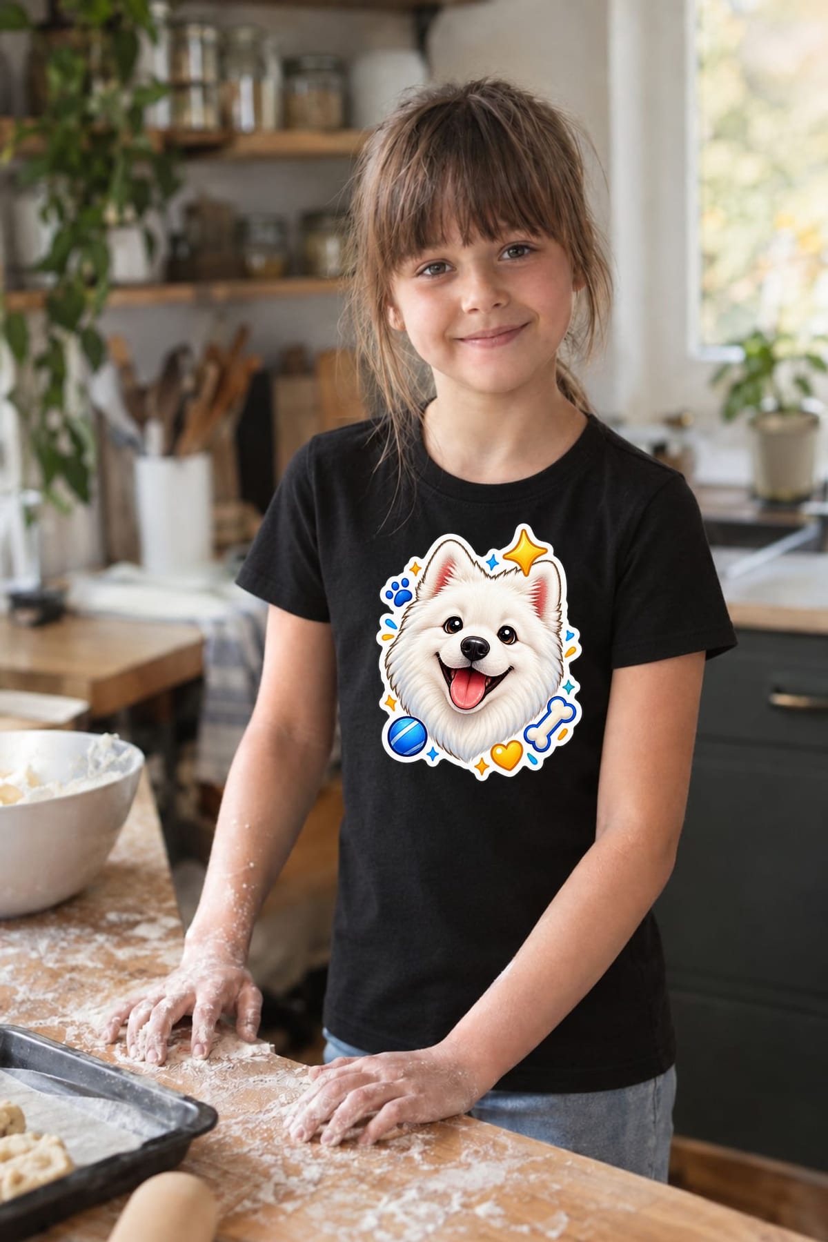Koszulka z samoyedem dla dziewczynki czarna styl naklejki, zdjęcie 5