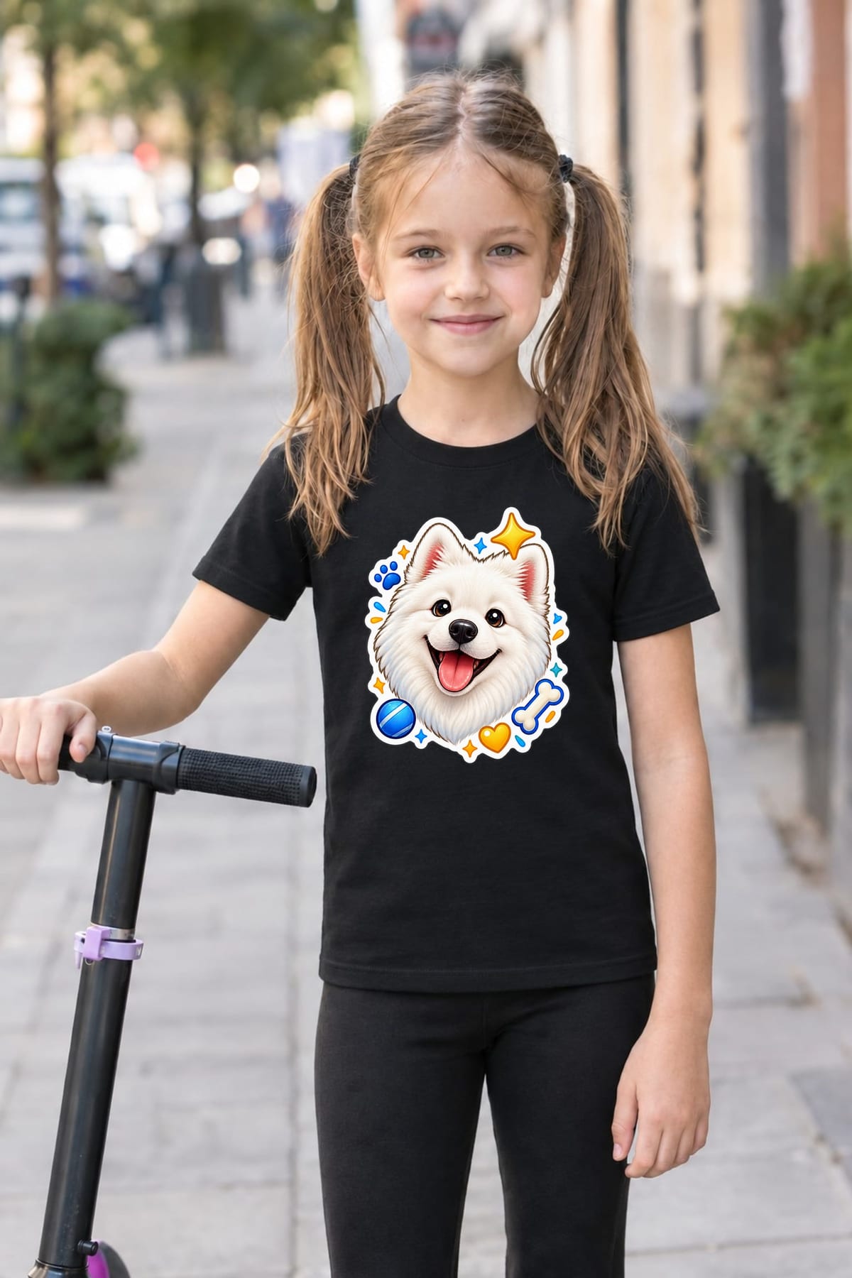Koszulka z samoyedem dla dziewczynki czarna styl naklejki, zdjęcie 7