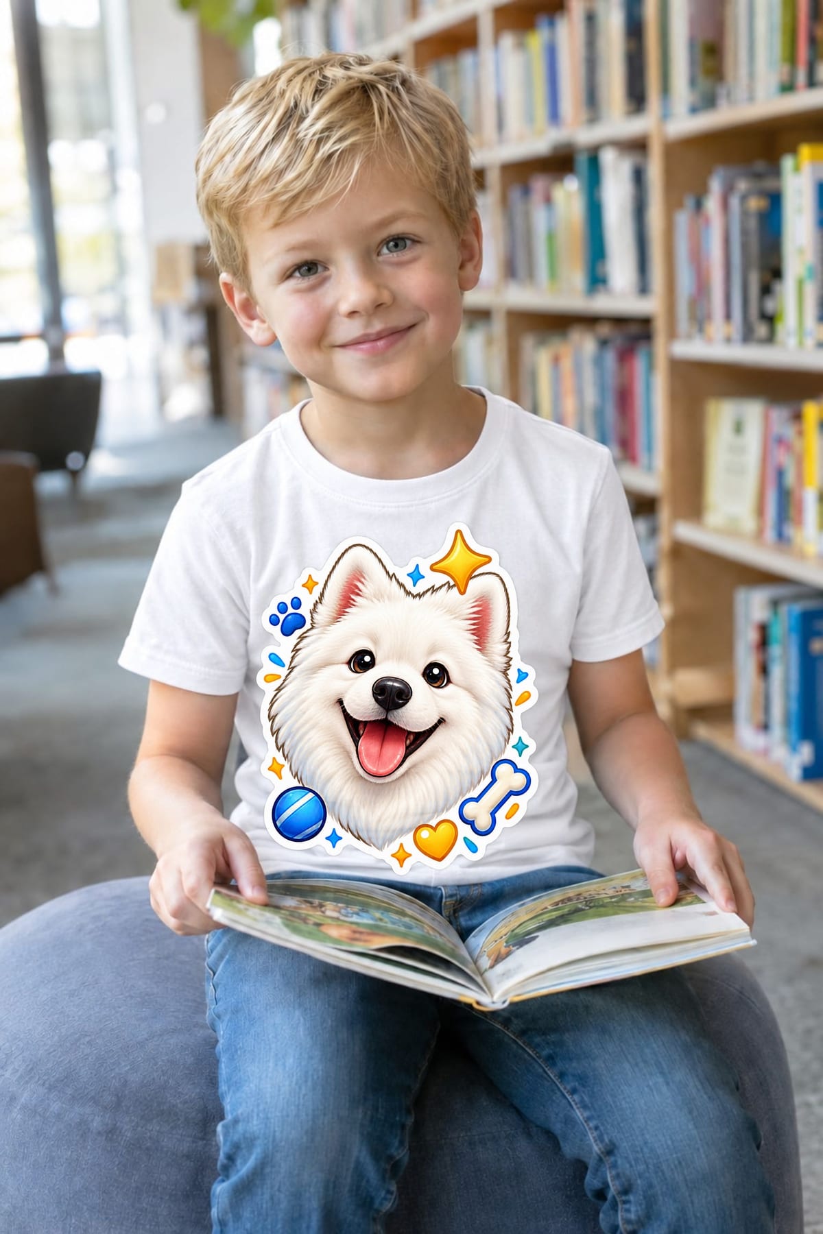 Koszulka z samoyedem dla chłopca biała styl naklejki, zdjęcie 3