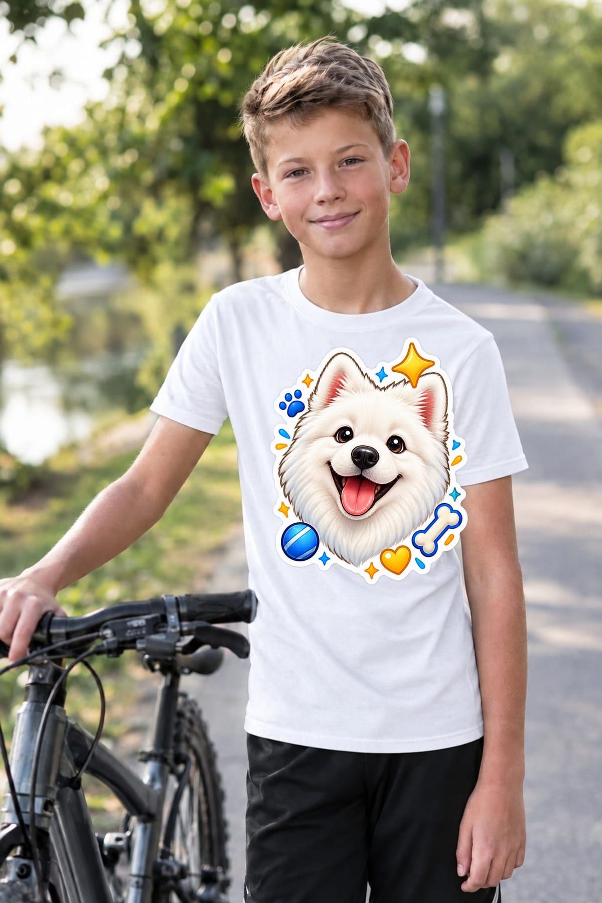 Koszulka z samoyedem dla chłopca biała styl naklejki, zdjęcie 6