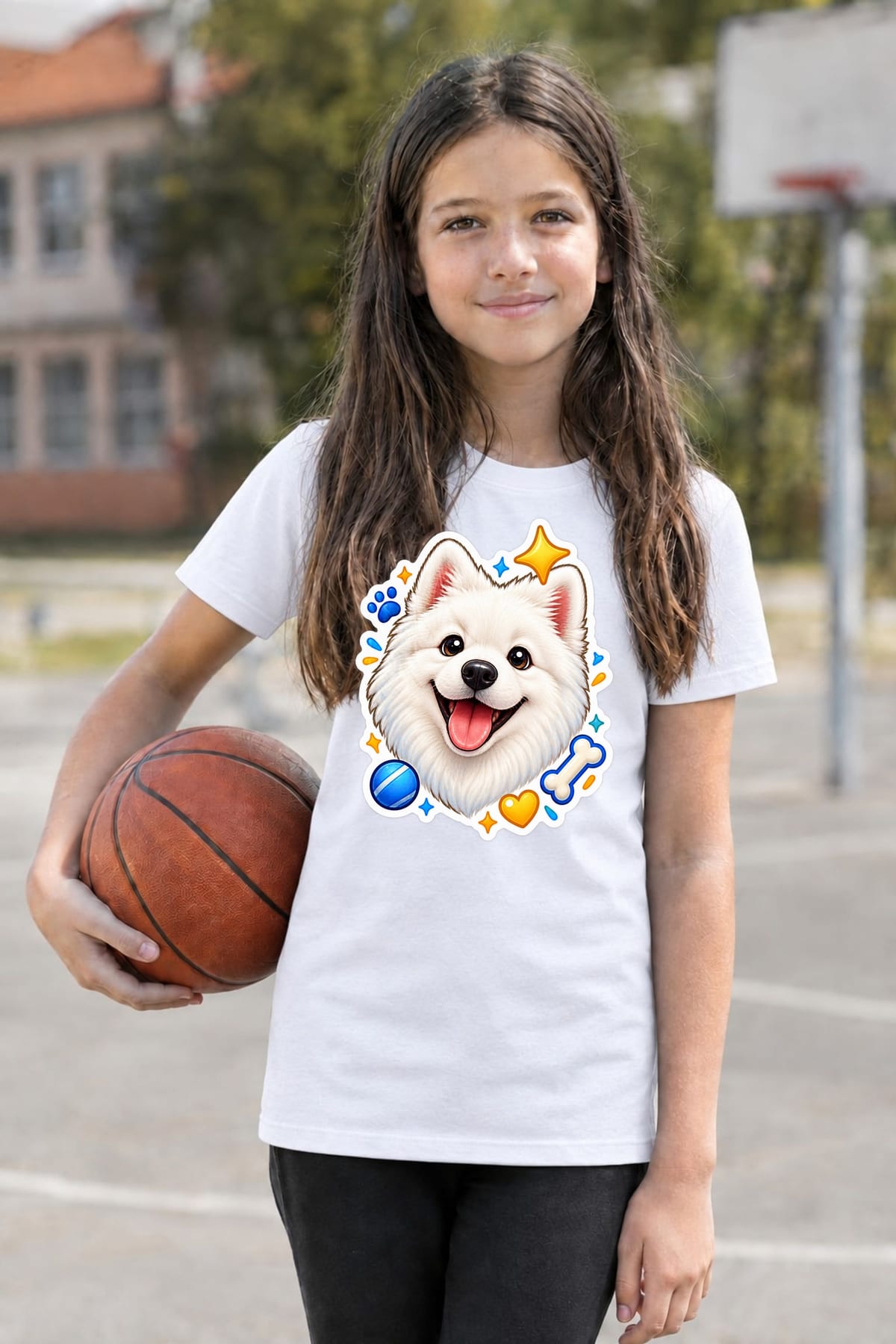 Koszulka z samoyedem dla dziewczynki biała styl naklejki, zdjęcie 5