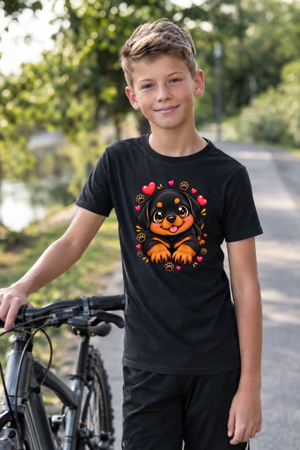 Koszulka z rottweilerem dla chłopca czarna słodki styl kawaii, zdjęcie 4