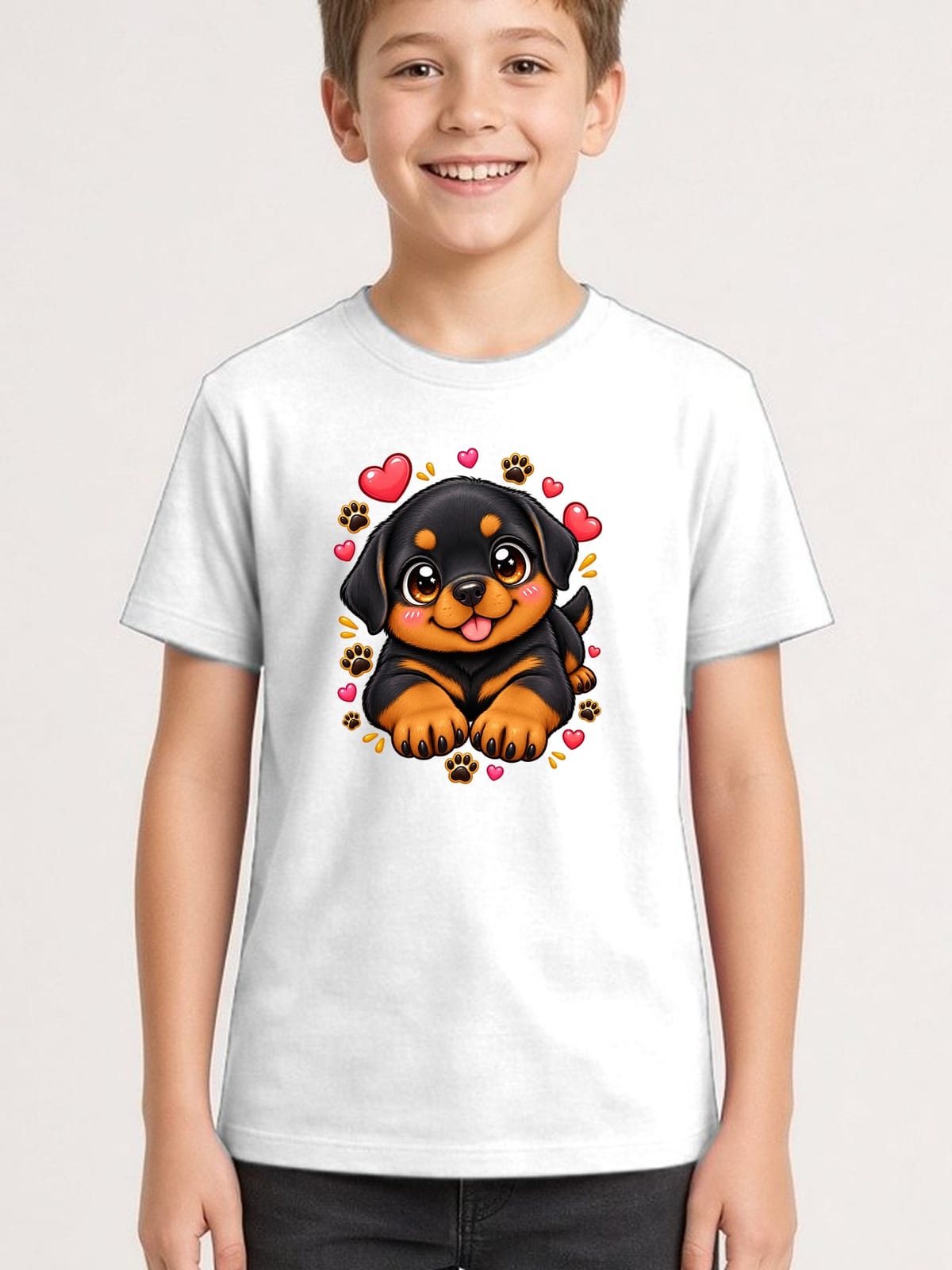 Koszulka z rottweilerem dla chłopca biała słodki styl kawaii, zdjęcie 1
