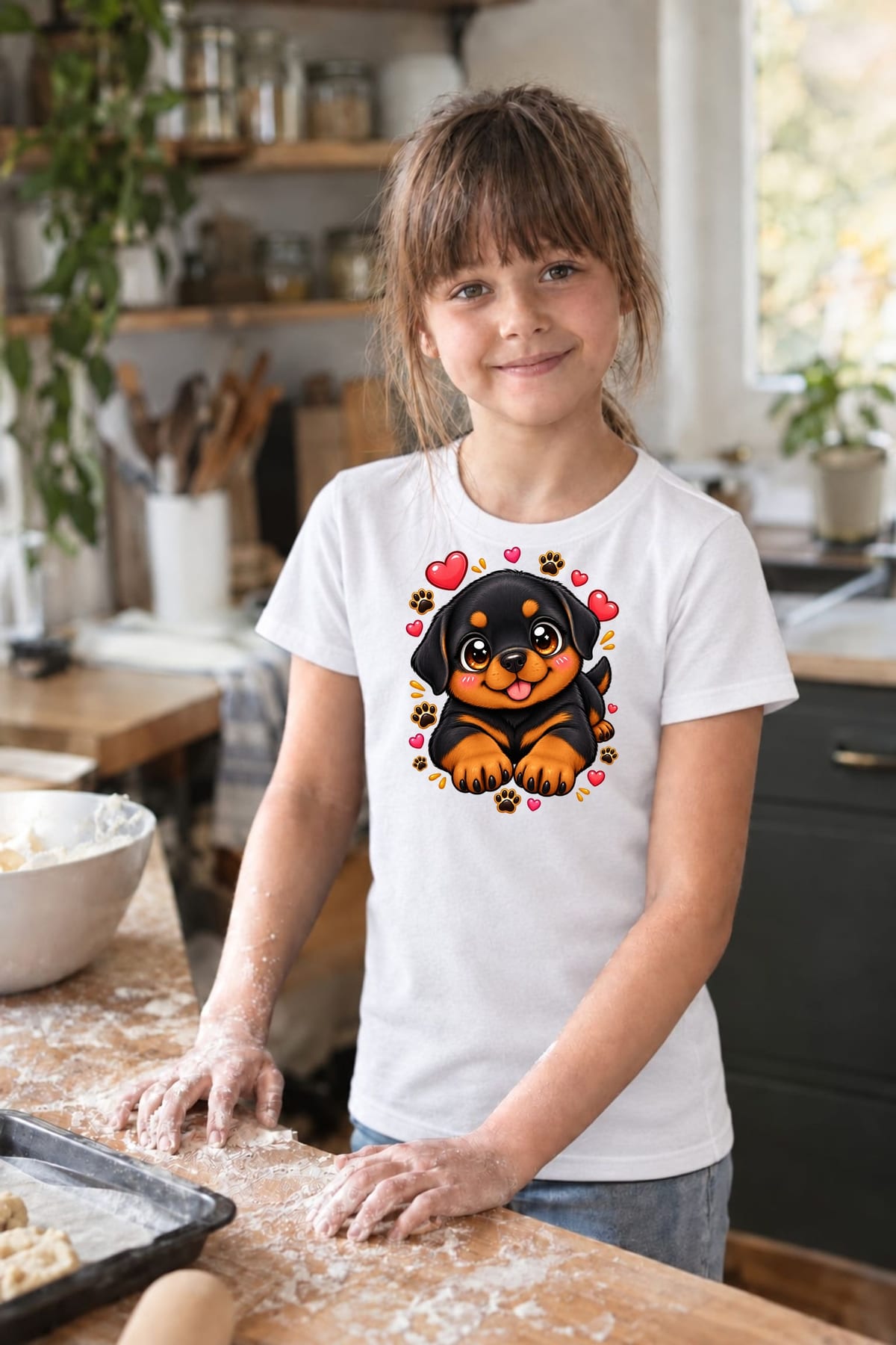 Koszulka z rottweilerem dla dziewczynki biała słodki kawaii, zdjęcie 3