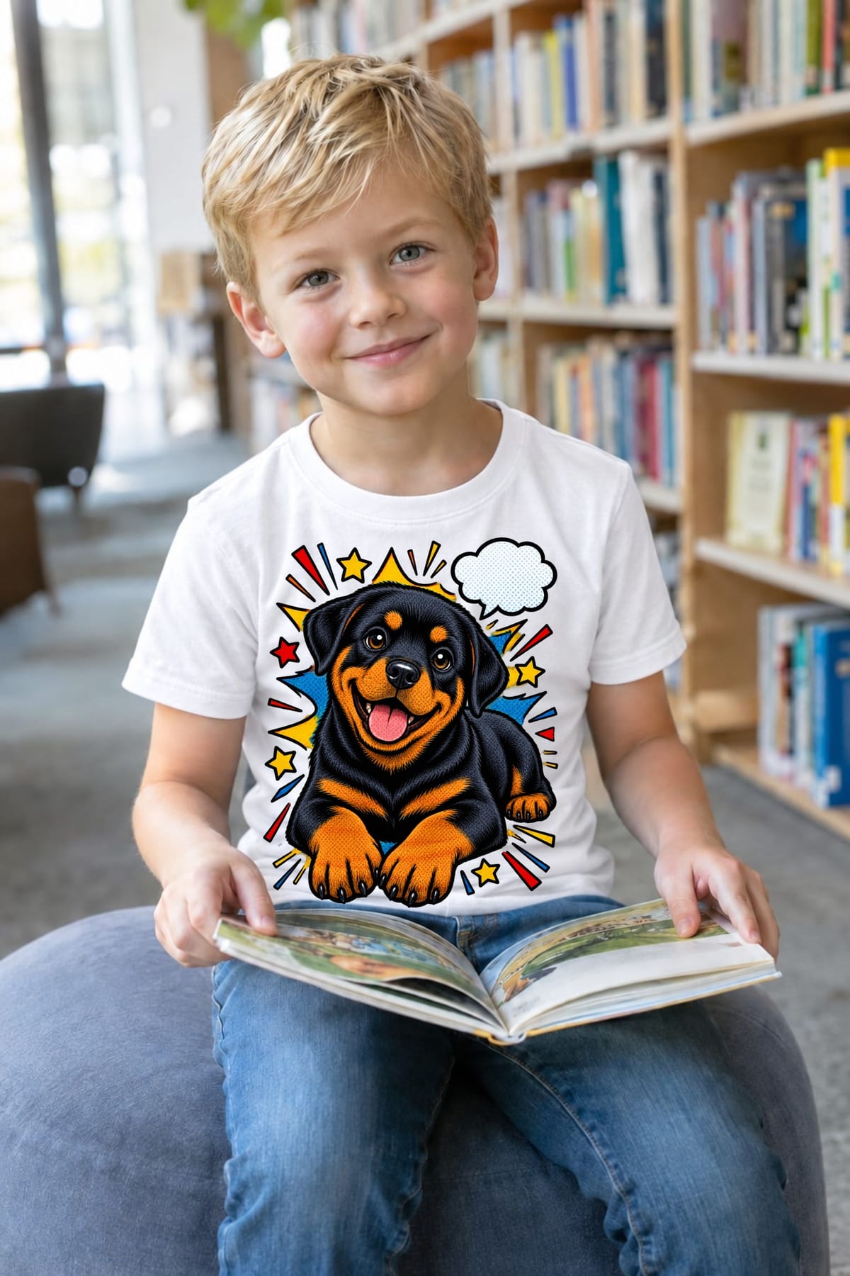 Koszulka z psem rottweiler dla chłopca biała komiksowe kontury, zdjęcie 8