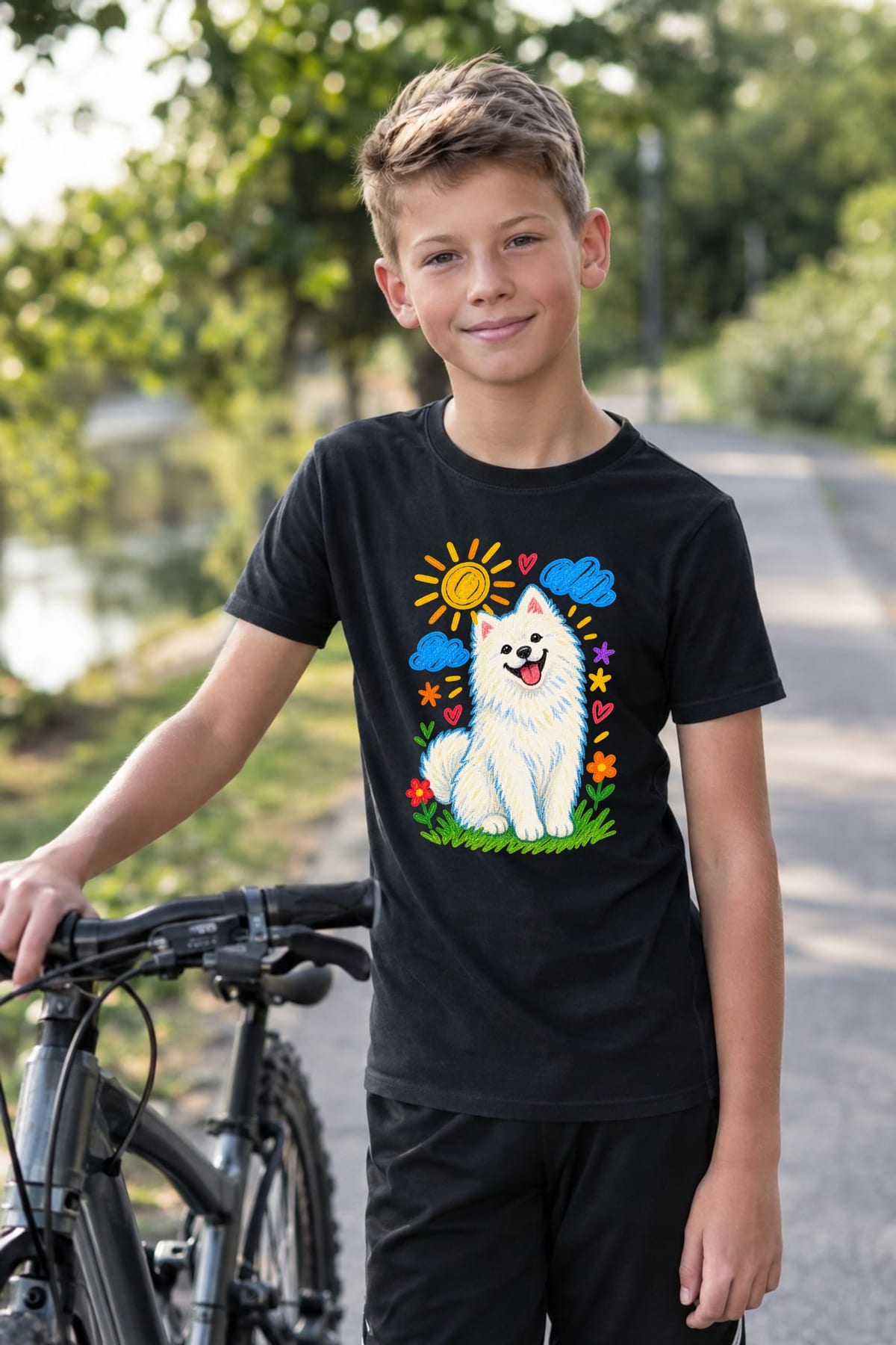 Koszulka z samoyedem dla chłopca czarna rysunek kredkami, zdjęcie 6
