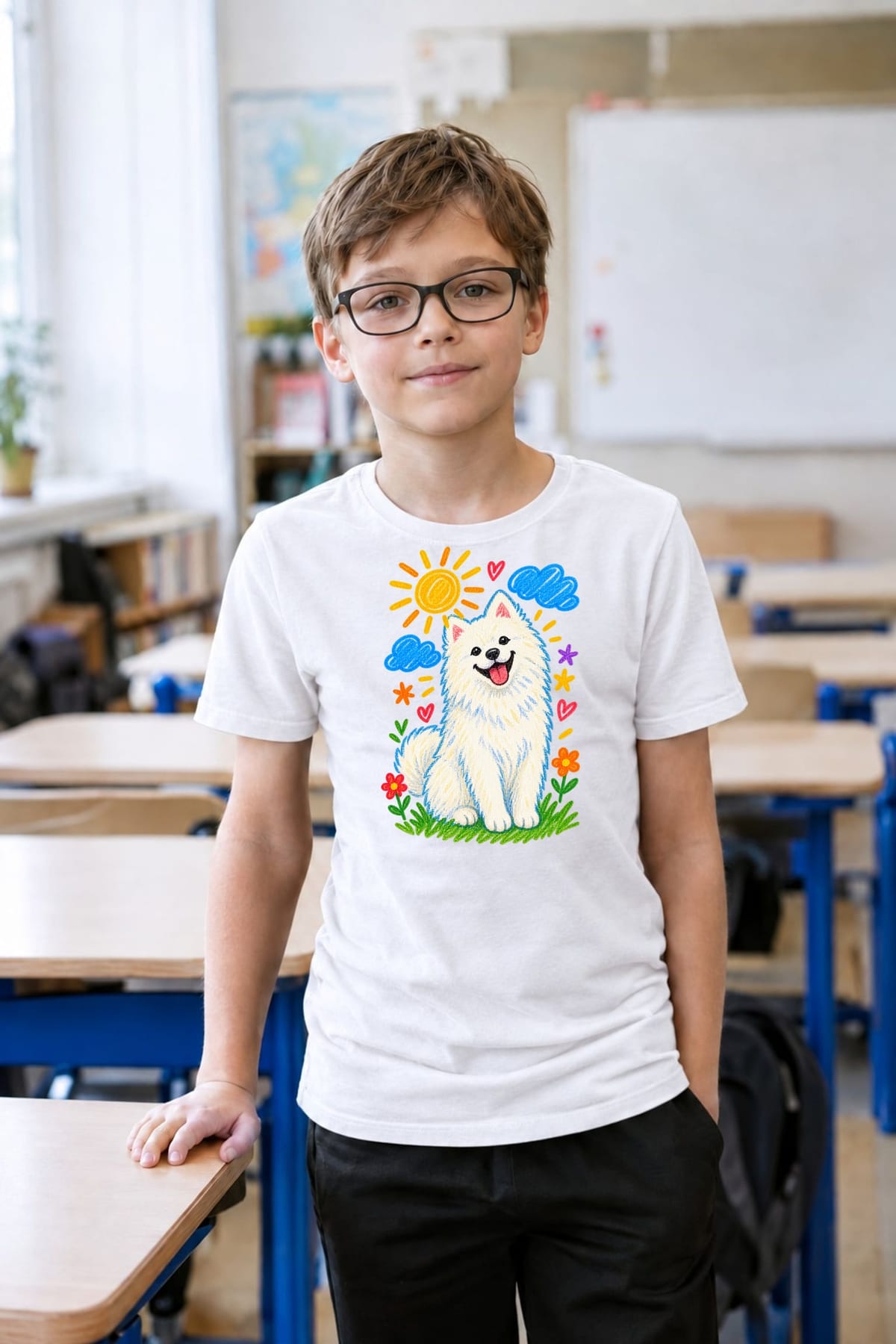 Koszulka z samoyedem dla chłopca biała rysunek kredkami, zdjęcie 5