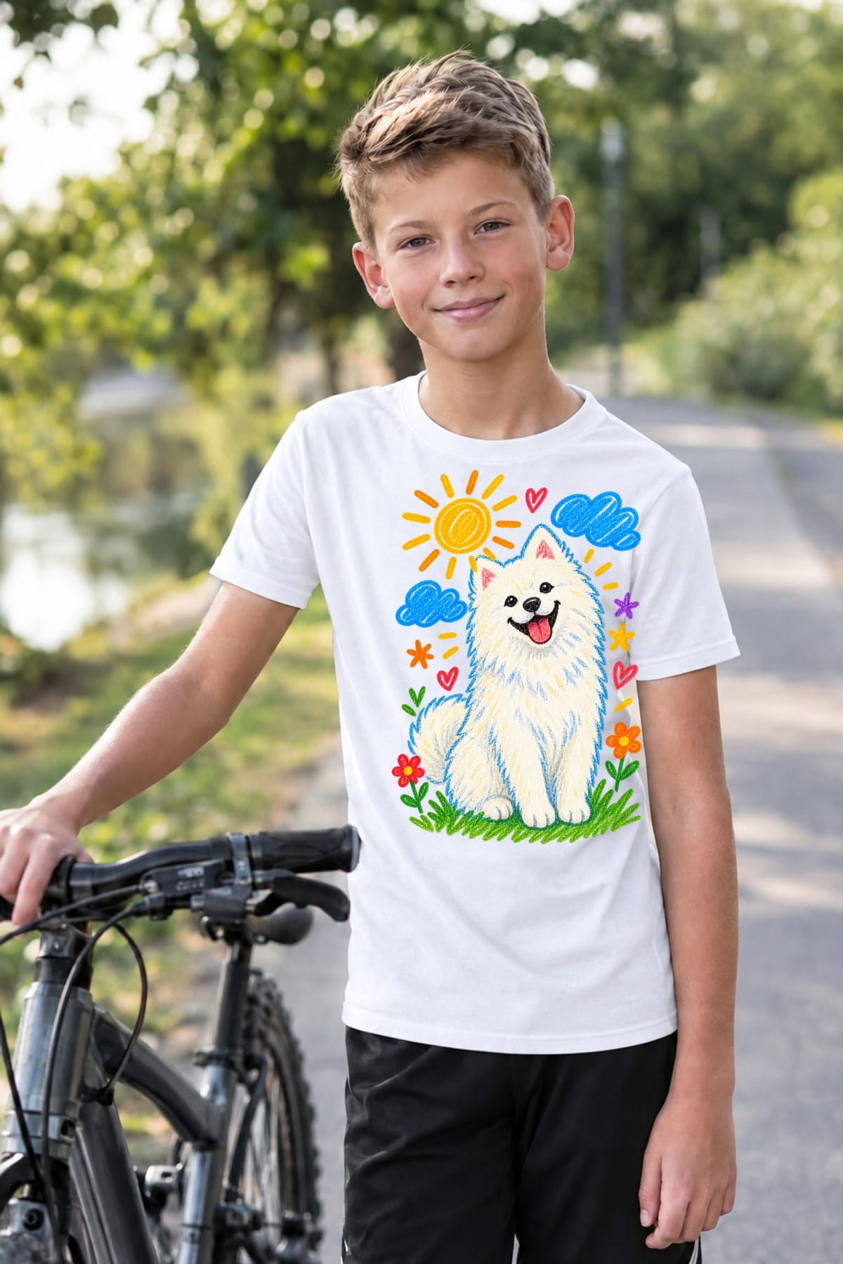 Koszulka z samoyedem dla chłopca biała rysunek kredkami, zdjęcie 7