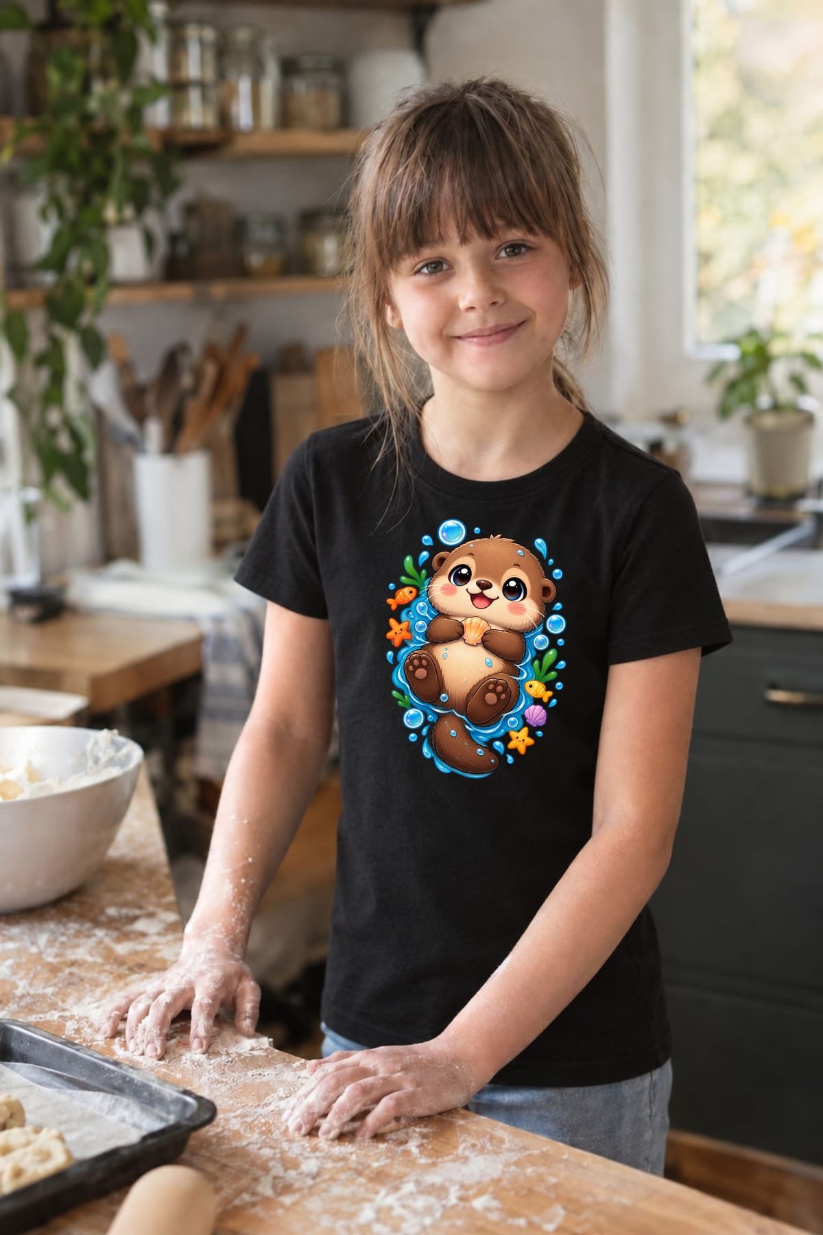 Koszulka z wydrą dla dziewczynki czarna słodki kawaii, zdjęcie 4