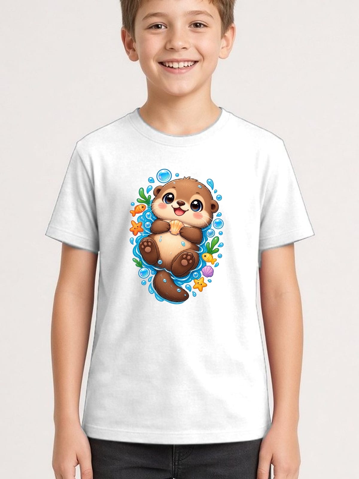 Koszulka z wydrą dla chłopca biała słodki styl kawaii, zdjęcie 1