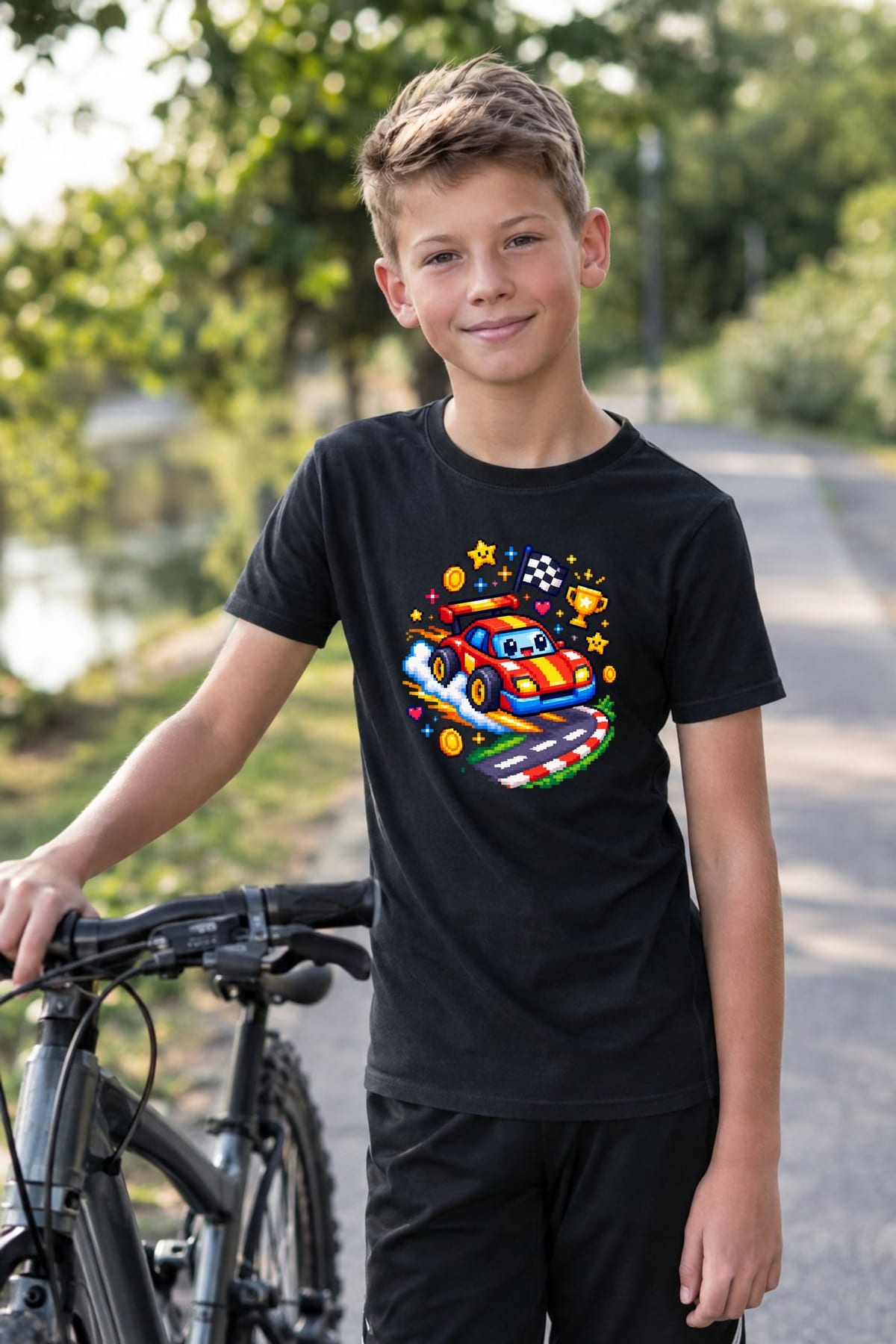 Koszulka z autem wyścigowym dla chłopca czarna pixel art, zdjęcie 3
