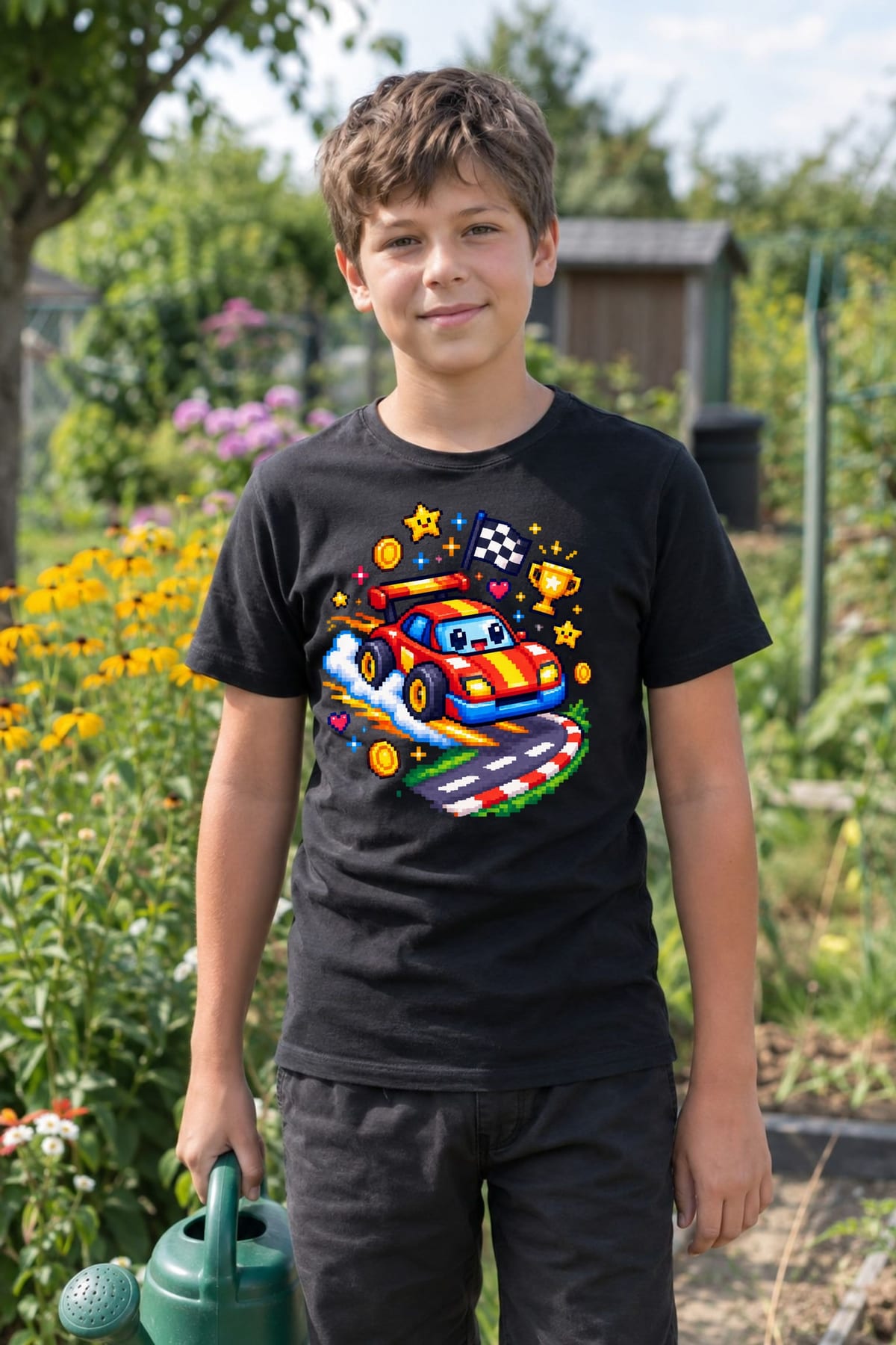 Koszulka z autem wyścigowym dla chłopca czarna pixel art, zdjęcie 4