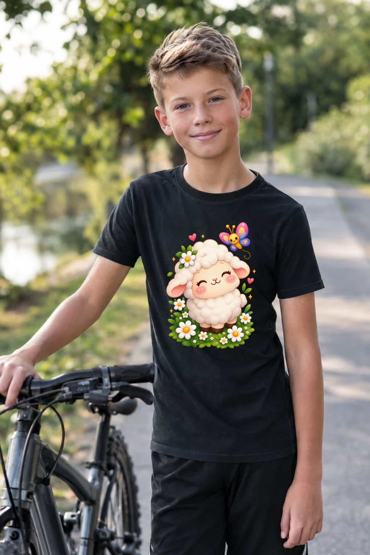Koszulka z owieczką dla chłopca czarna słodki styl kawaii, zdjęcie 6