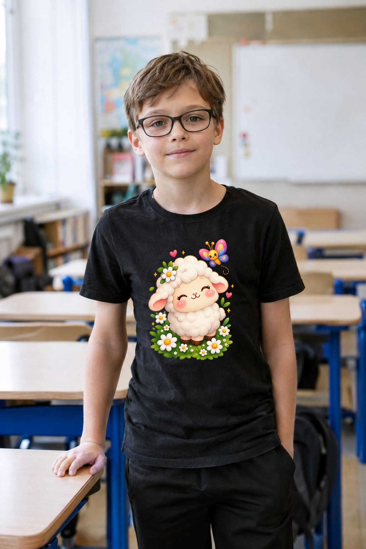 Koszulka z owieczką dla chłopca czarna słodki styl kawaii, zdjęcie 7
