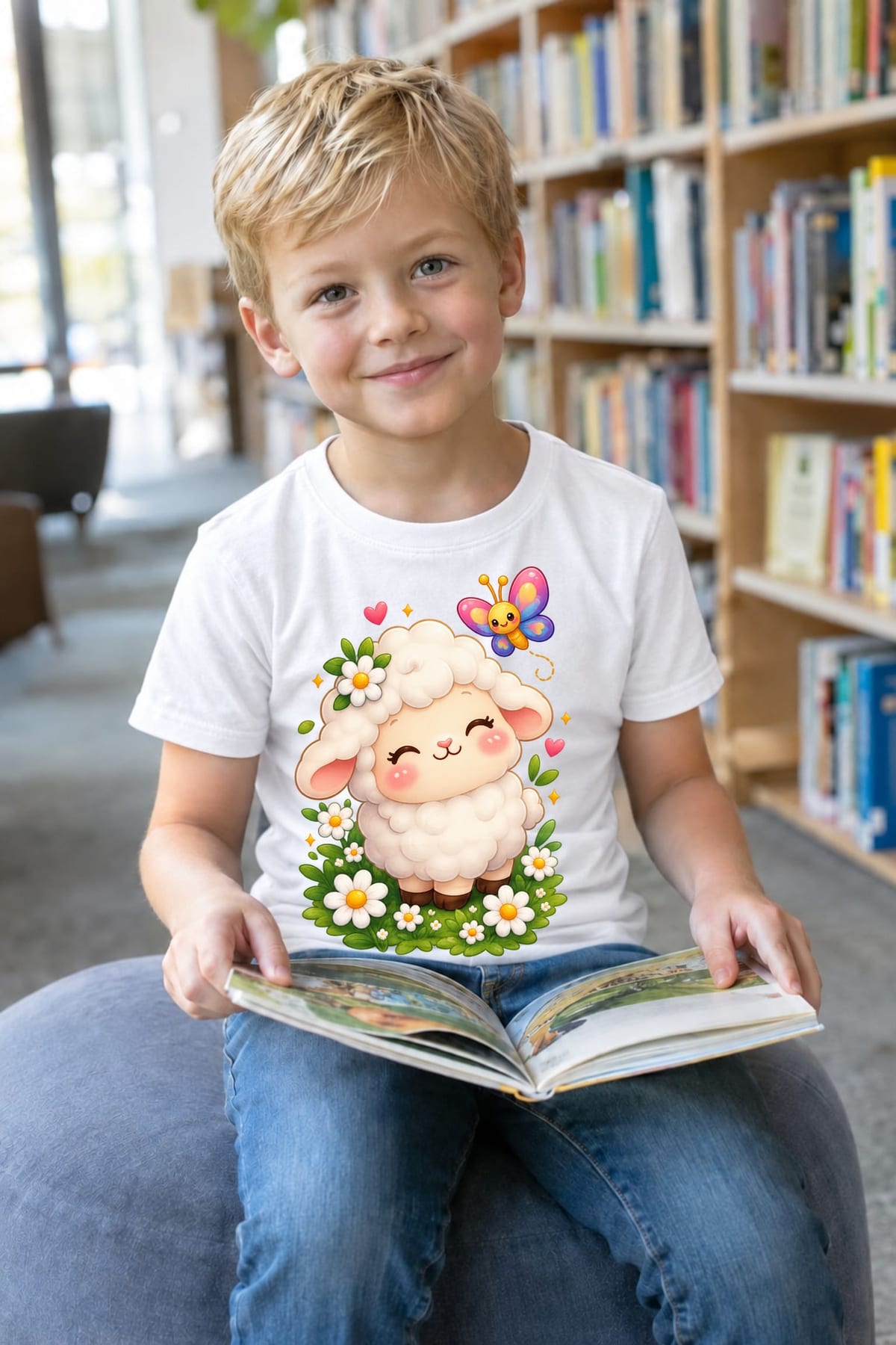 Koszulka z owieczką dla chłopca biała słodki styl kawaii, zdjęcie 5