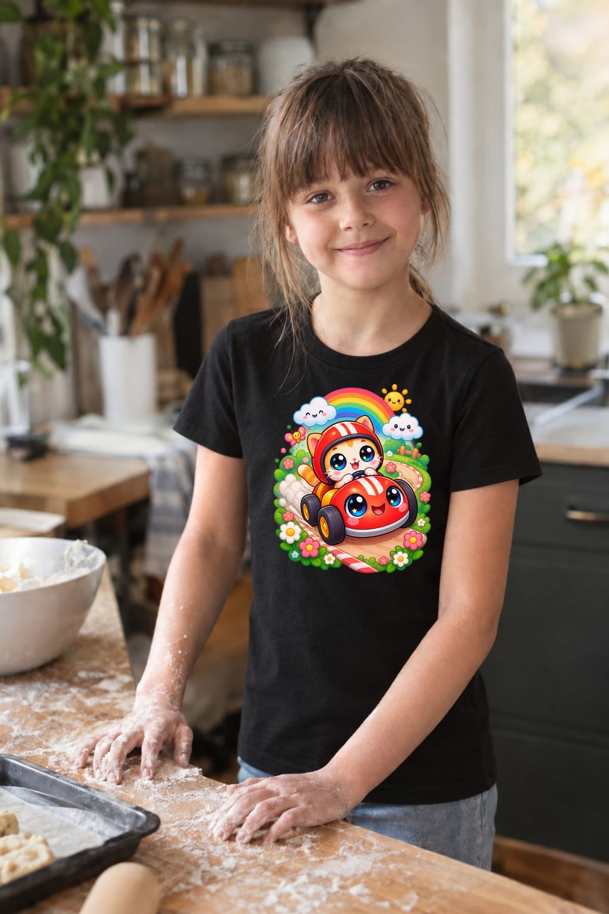 Koszulka z gokartem dla dziewczynki czarna słodki styl kawaii, zdjęcie 8