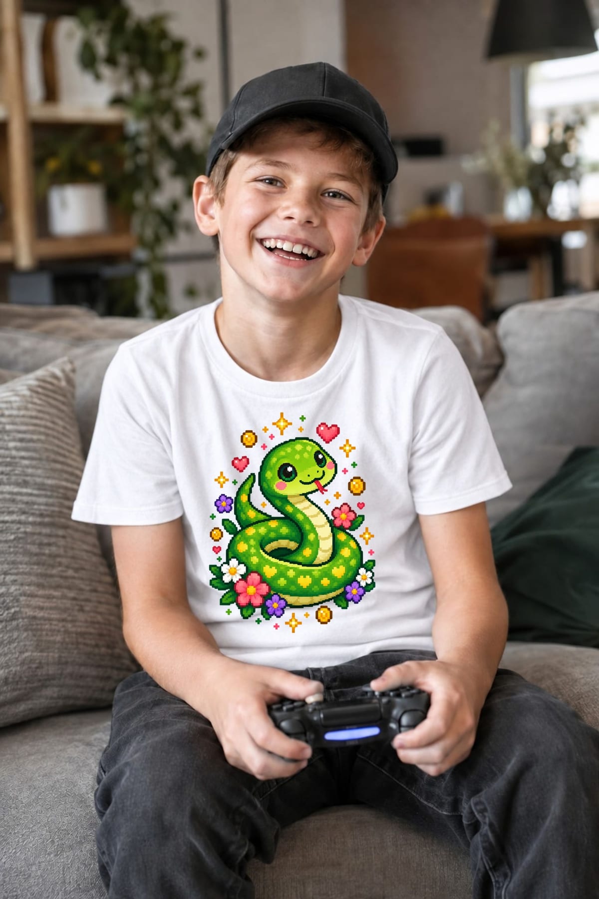 Koszulka dla chłopca z wężem biała pixel art dla dzieci, zdjęcie 3