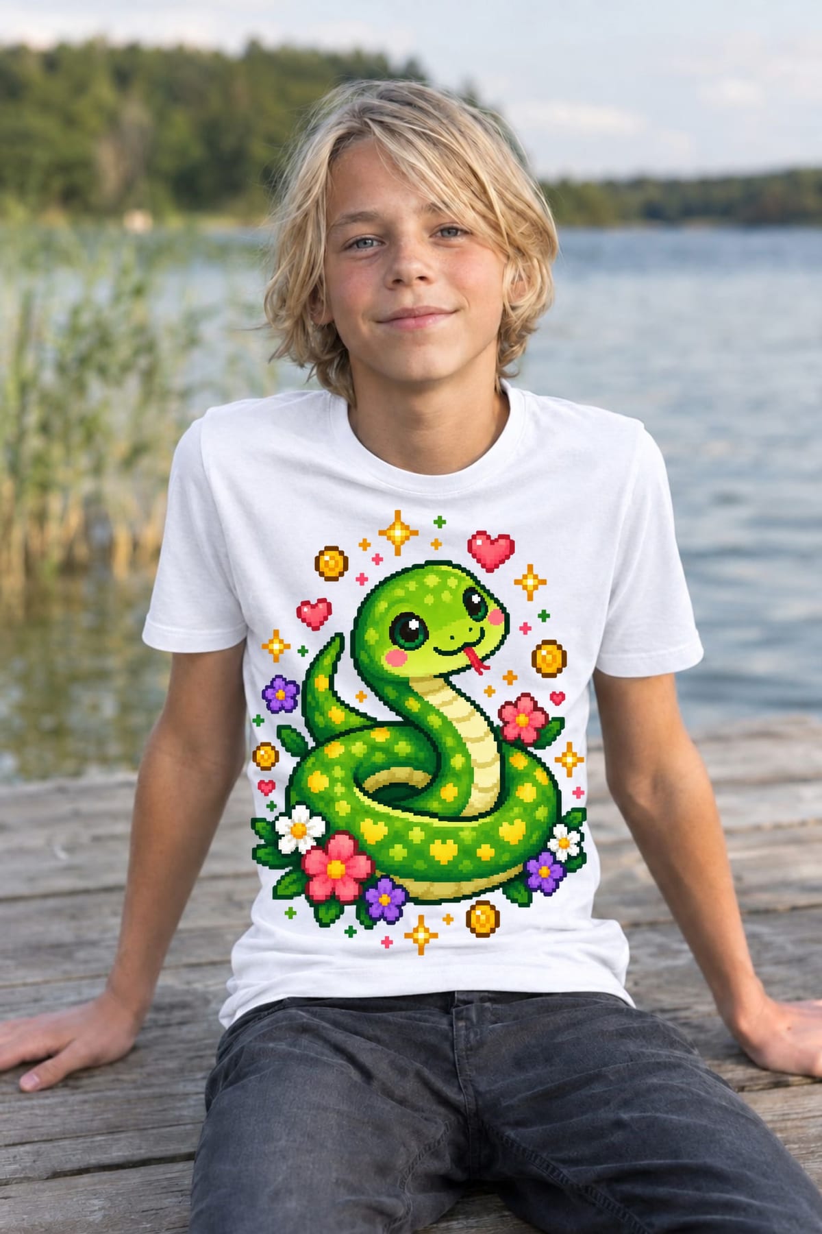 Koszulka dla chłopca z wężem biała pixel art dla dzieci, zdjęcie 8