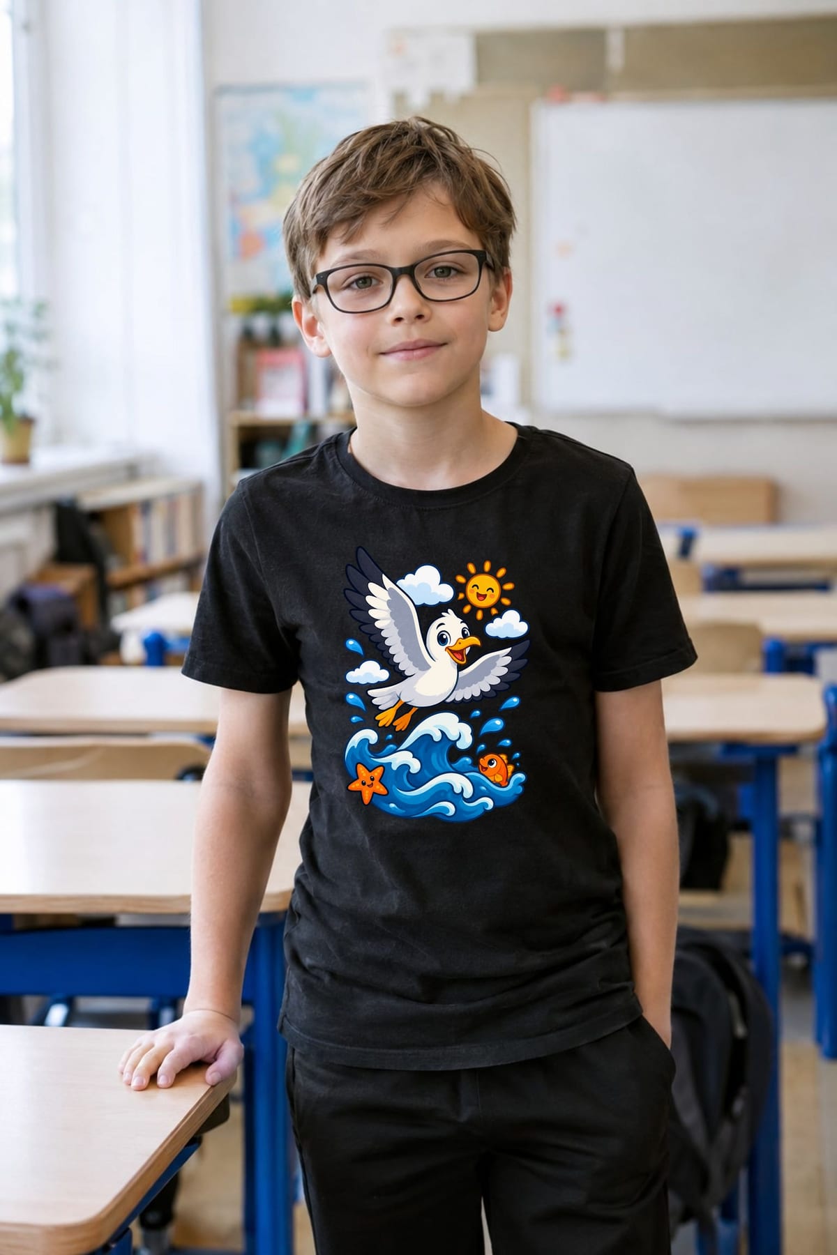 Koszulka dziecięca z mewą dla chłopca czarna wesoła kreskówka, zdjęcie 6