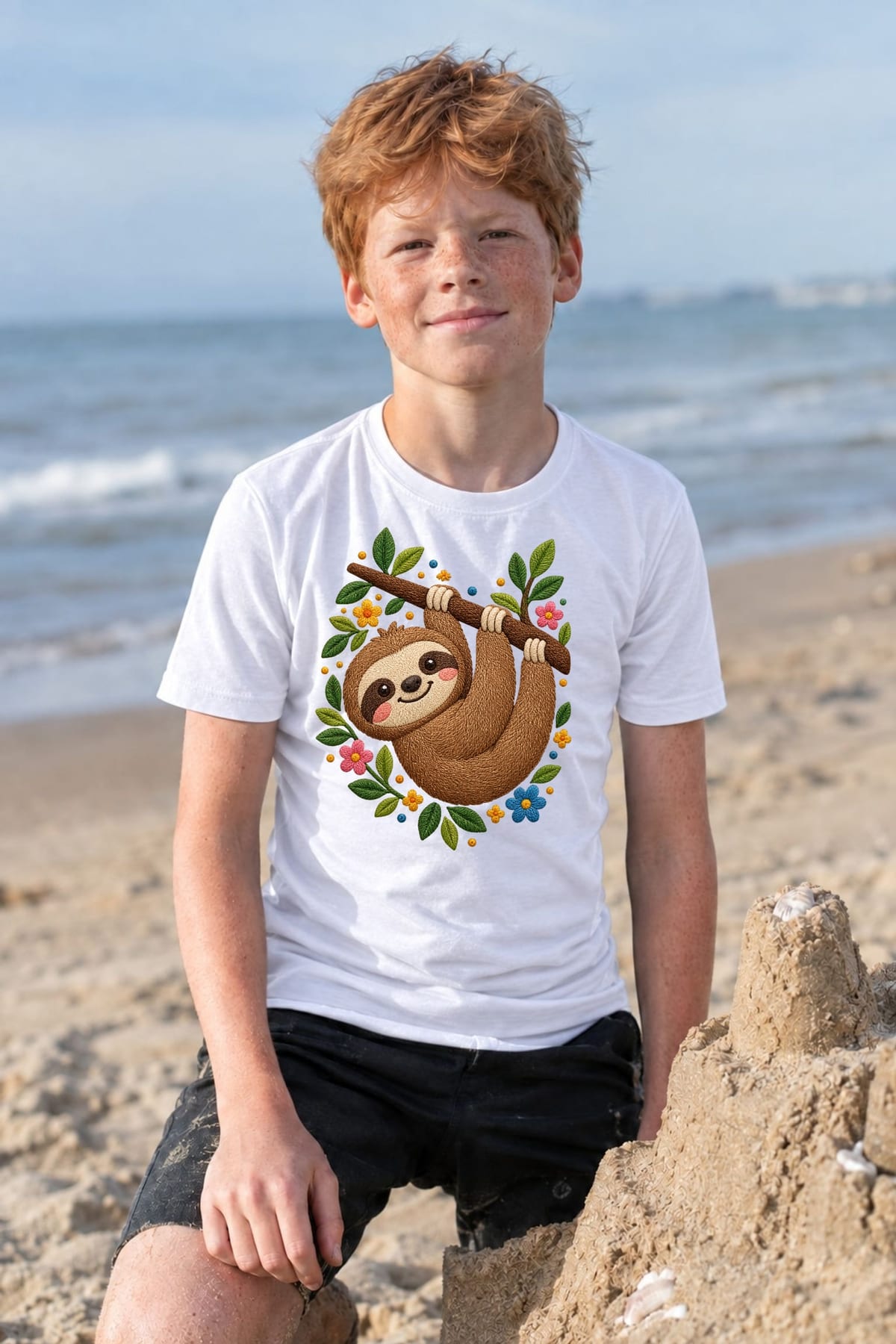 Koszulka z leniwcem dla dzieci dla chłopca biała wygląd haftu, zdjęcie 7