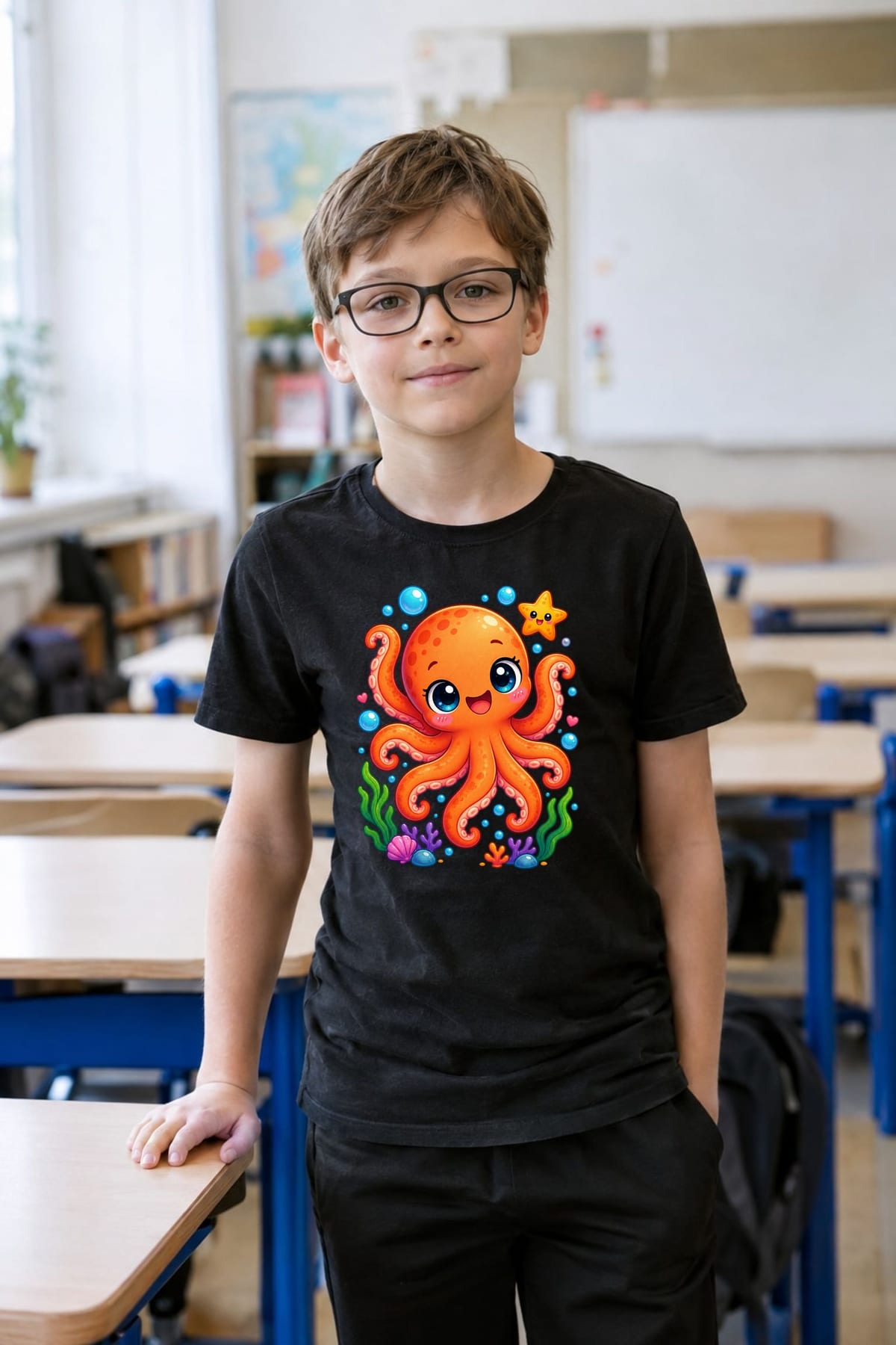 Koszulka z ośmiorniczką dla chłopca czarna słodki kawaii, zdjęcie 8