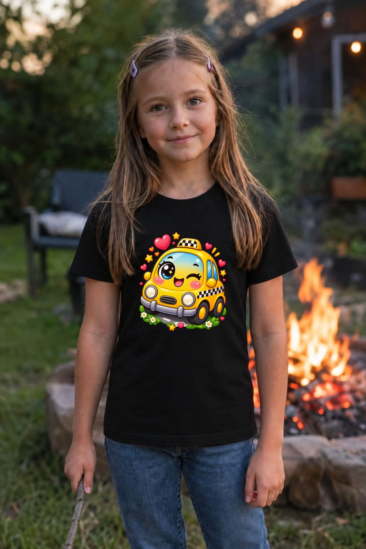 Koszulka z taksówką dla dziewczynki czarna słodki kawaii, zdjęcie 4