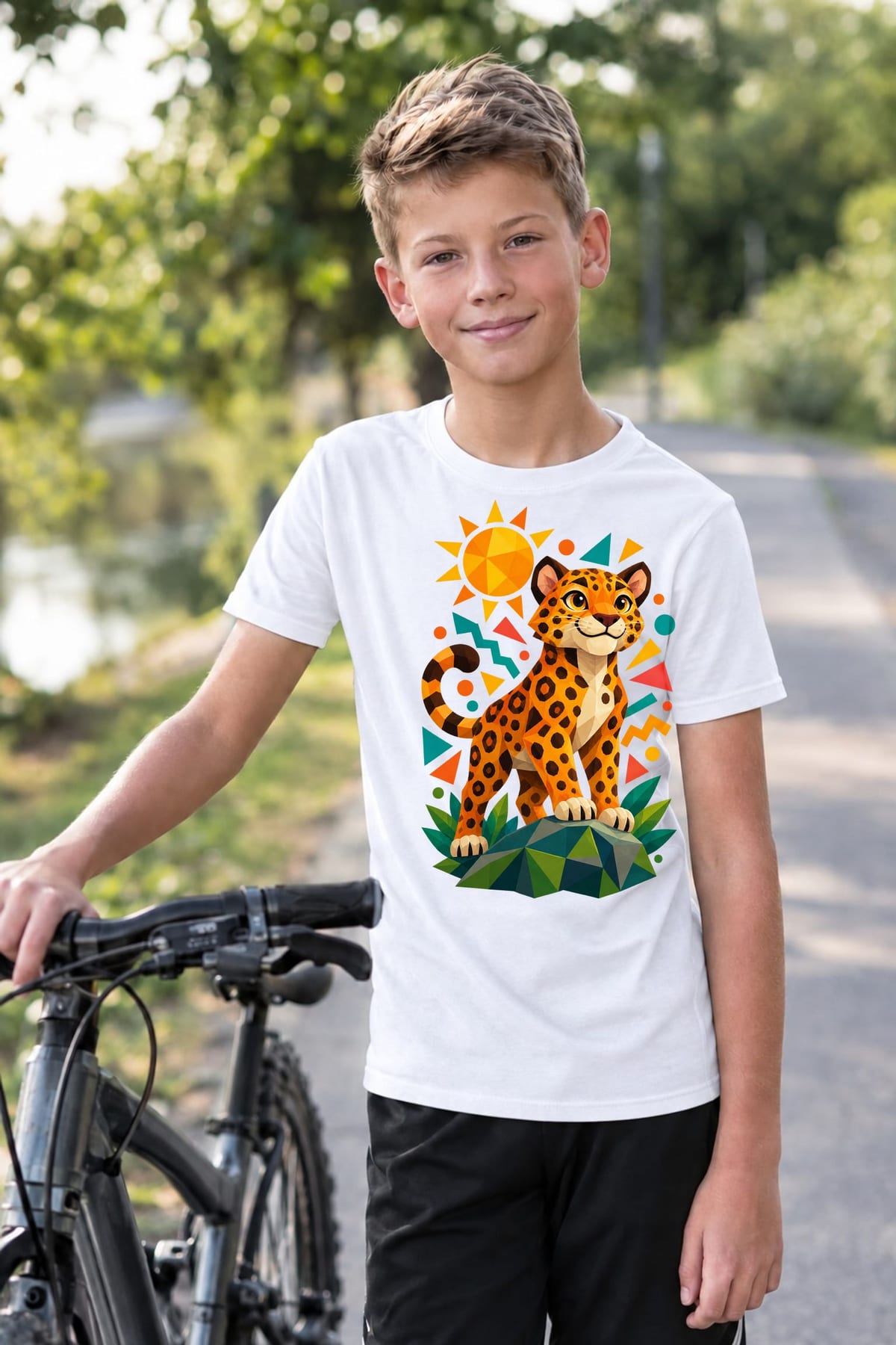 Koszulka z jaguarem dla chłopca biała geometryczny styl, zdjęcie 5