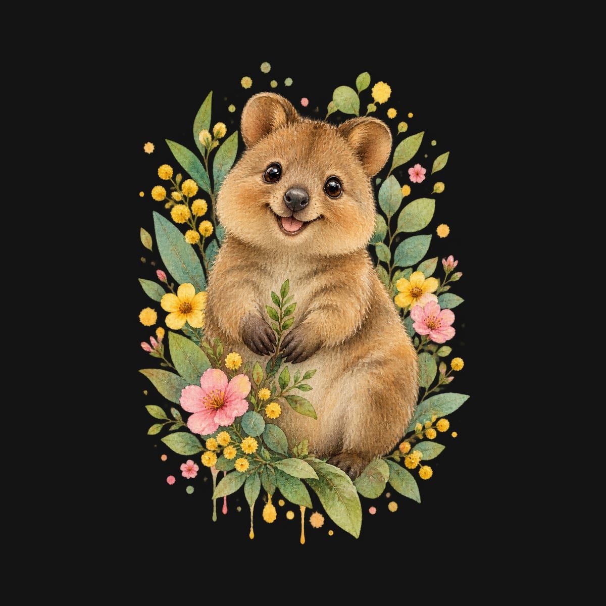 Koszulka z quokką dla dziewczynki czarna miękka akwarela, zdjęcie 2