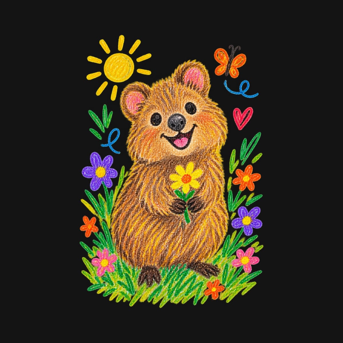 Koszulka z rysunkiem quokki dla dziewczynki czarna kredkami, zdjęcie 2