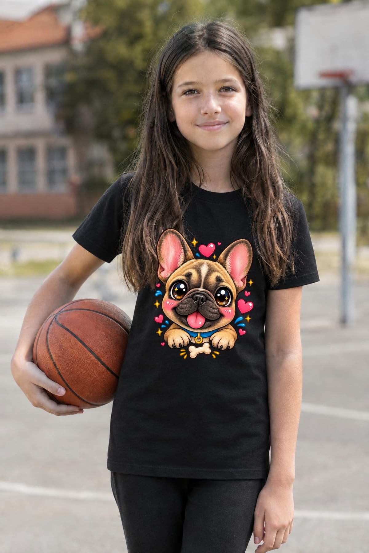 Koszulka dla dziewczynki z buldogiem francuskim czarna kawaii, zdjęcie 4