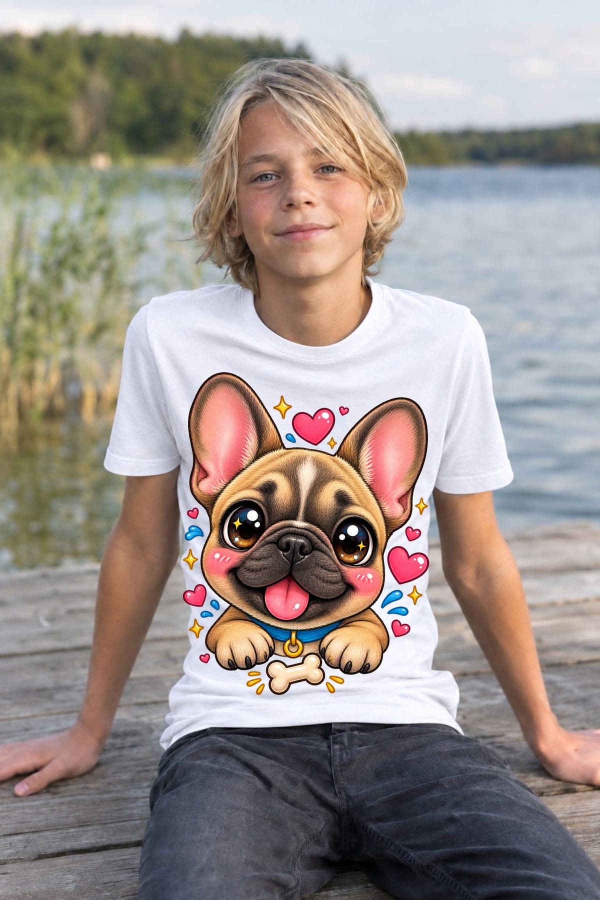 Koszulka dla chłopca z buldogiem francuskim biała kawaii, zdjęcie 3