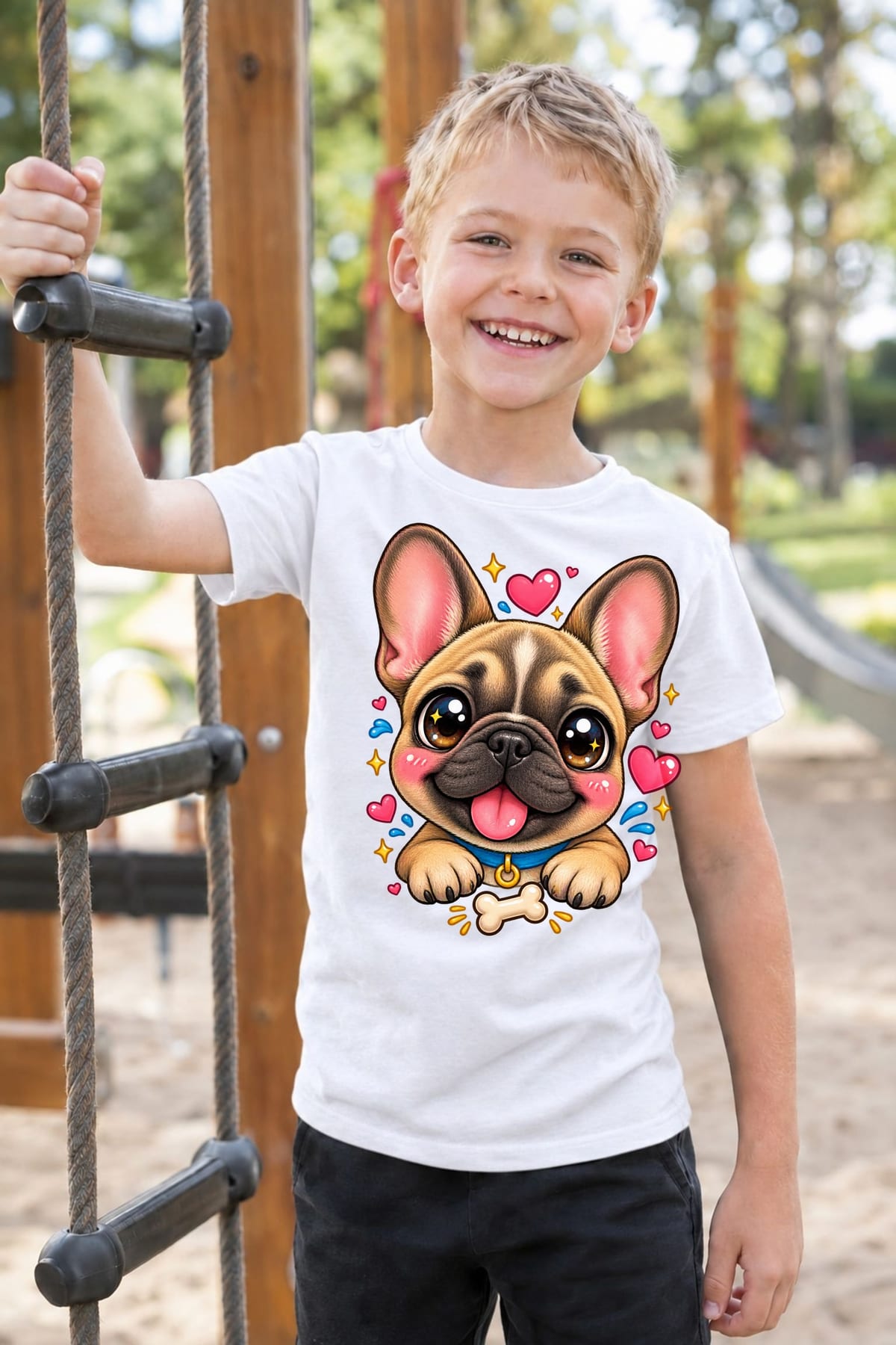 Koszulka dla chłopca z buldogiem francuskim biała kawaii, zdjęcie 5