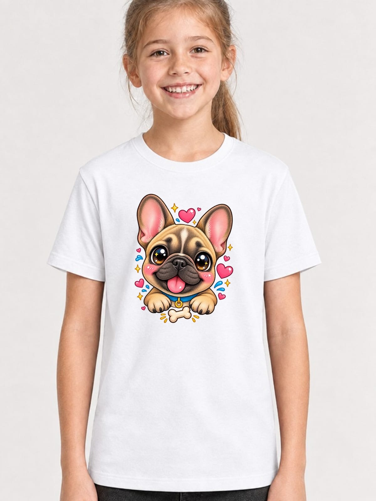 Koszulka dla dziewczynki z buldogiem francuskim biała kawaii, zdjęcie 1